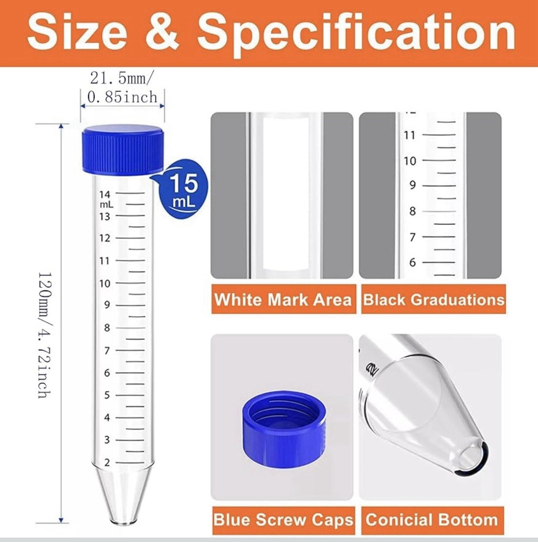 15 mL Conical Centrifuge Tubes / Graduated Blue Cap – 25 Pack