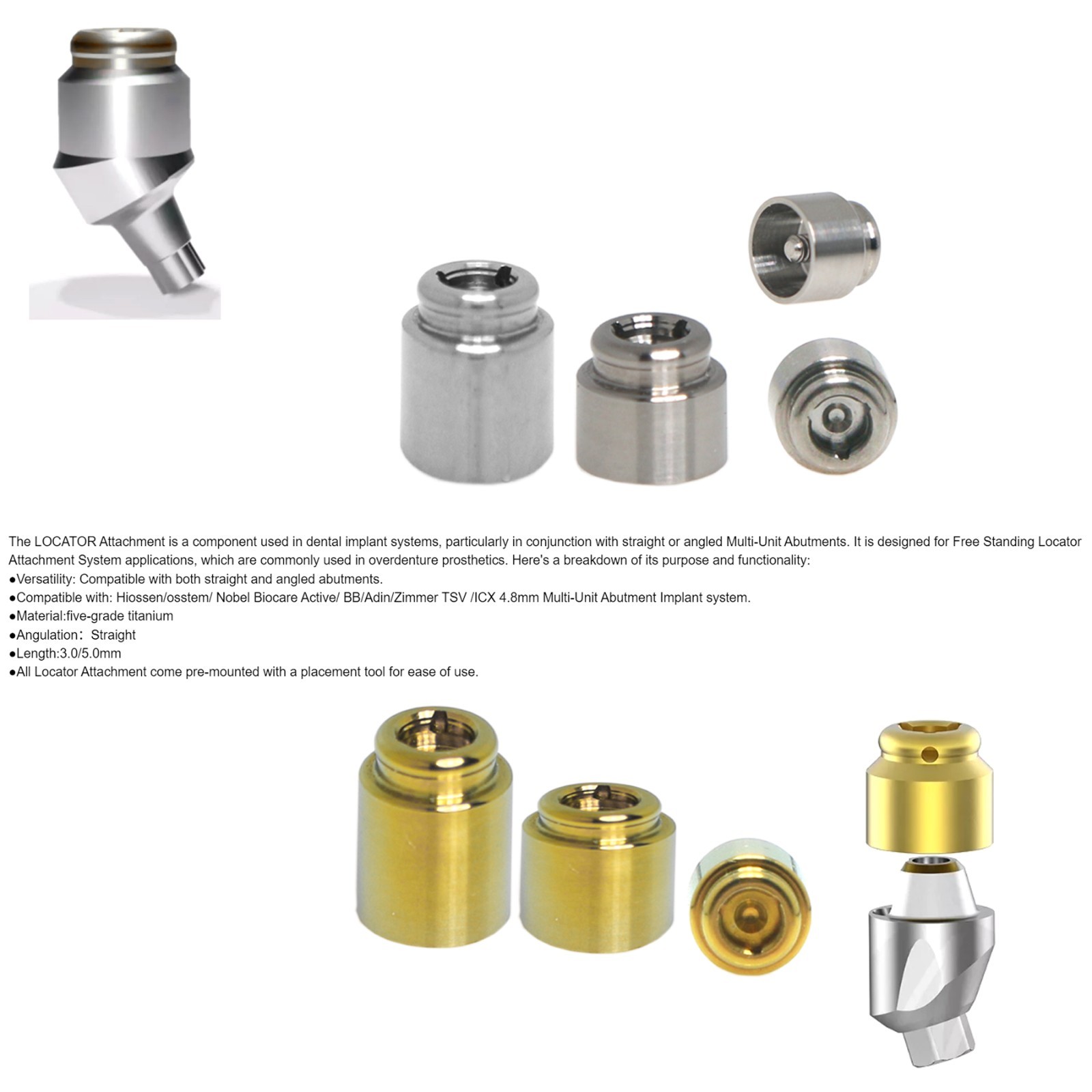 Multi-Unit 4.8 Locator Abutment For Hiossen/Nobel/Zimmer Straight Angled Implant