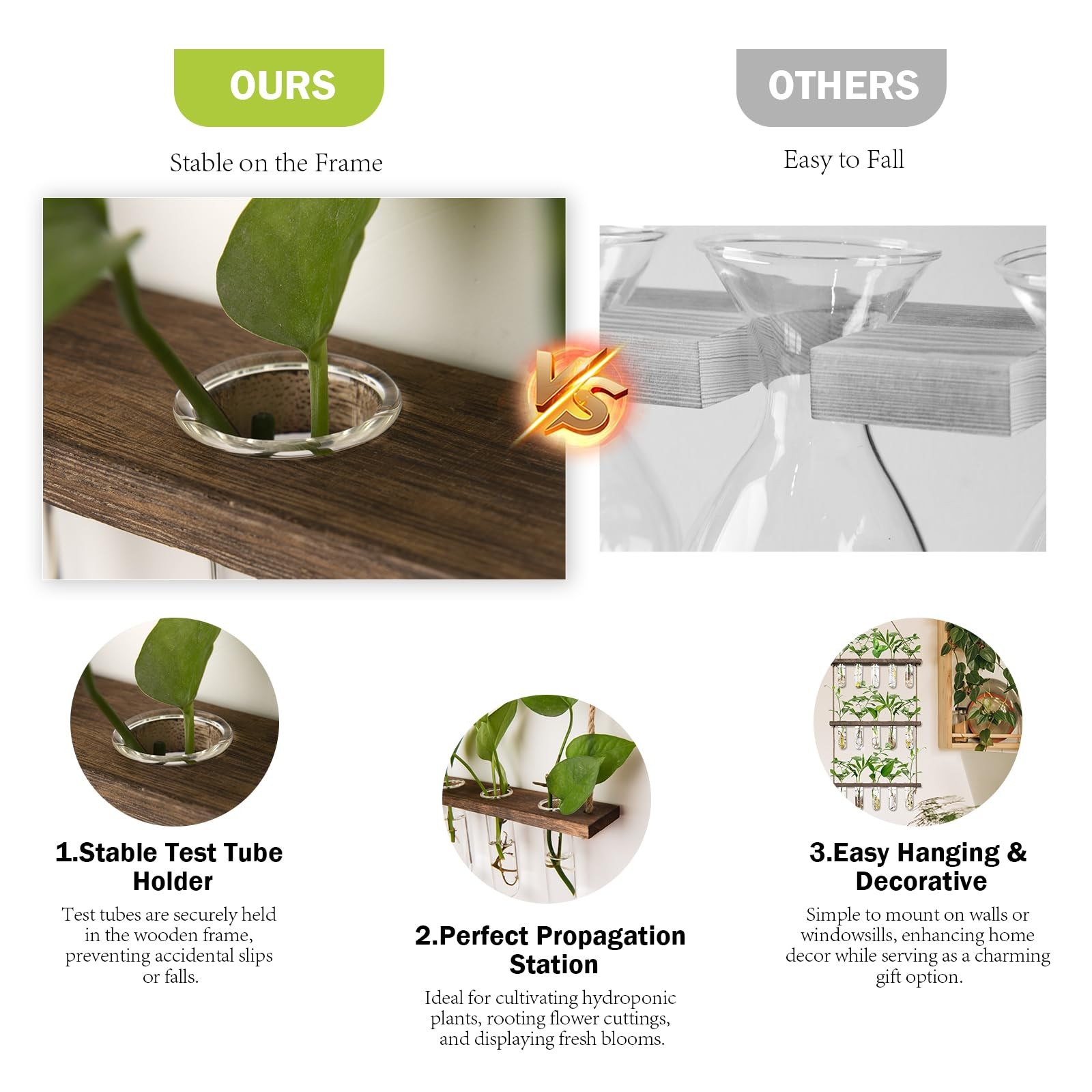 XXXFLOWER Wall Hanging Propagation Station with Wooden Stand 5 Glass Test Tubes