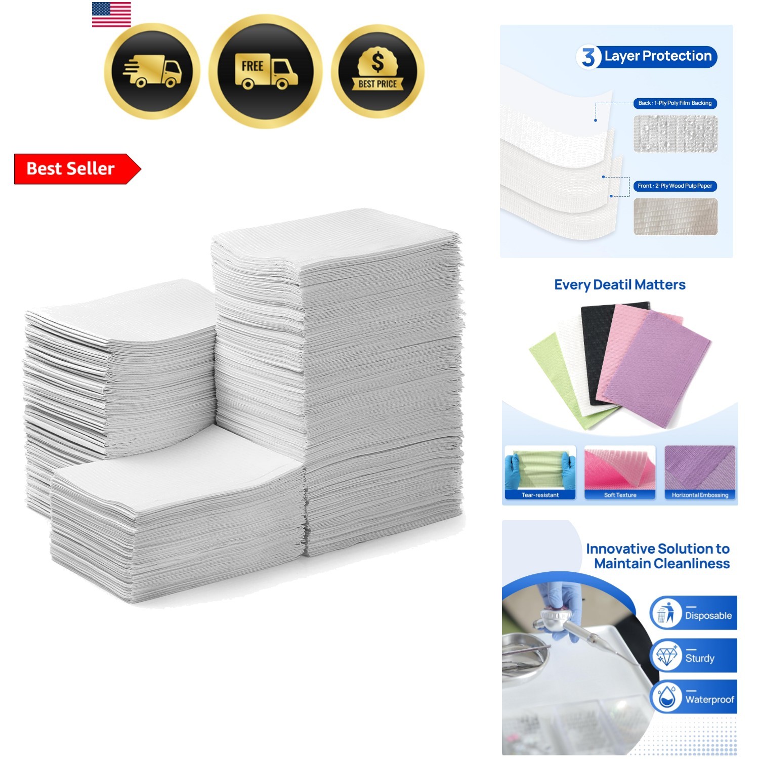 250 Pack Dental Bibs, White Dental Bibs Disposable 3 Ply Waterproof Tattoo Bi…
