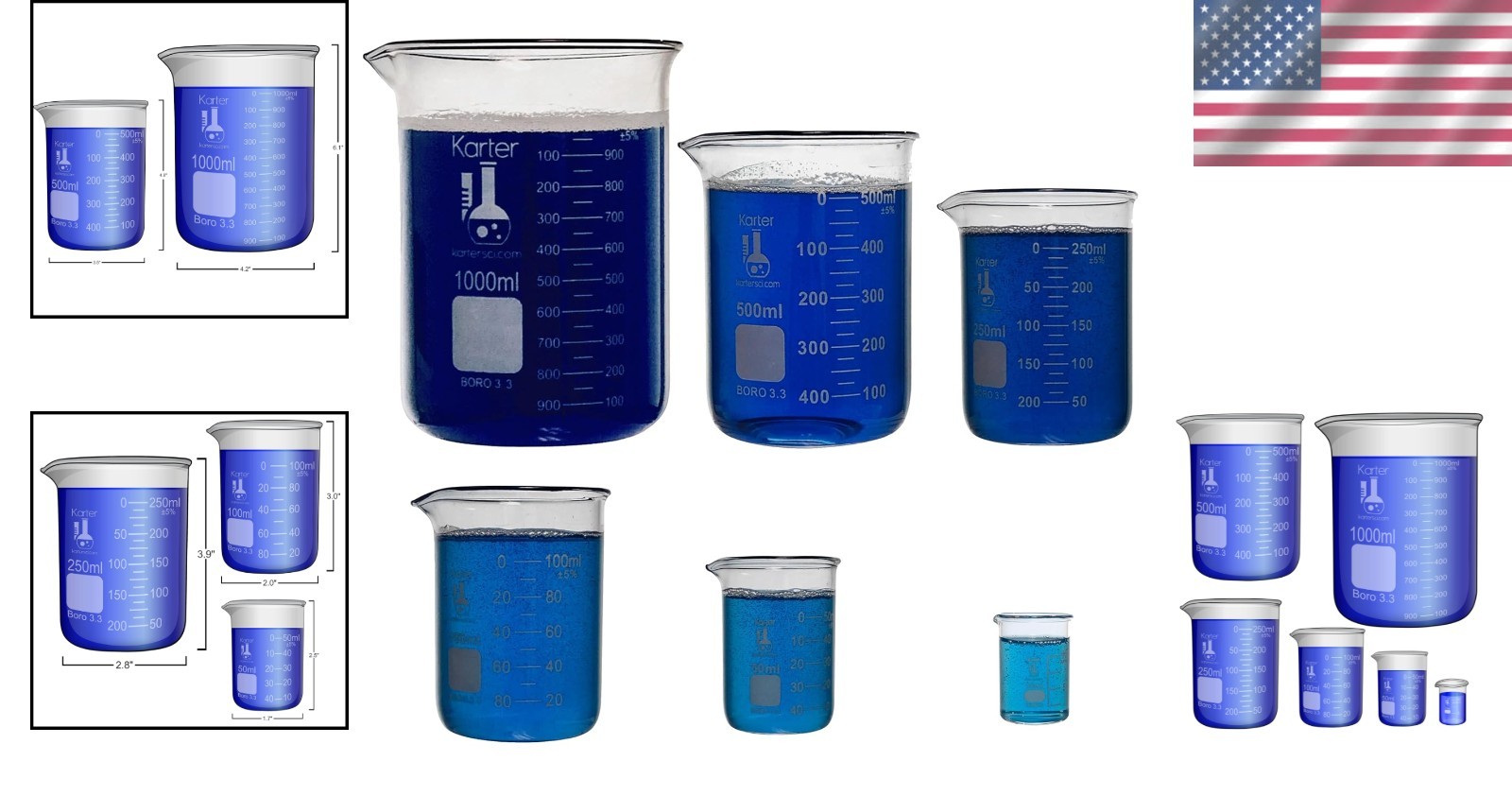 Glass Beaker Set 3.3 Boro, Griffin Low Form 6 pk – 10, 50, 100, 250, 500, 1000ml