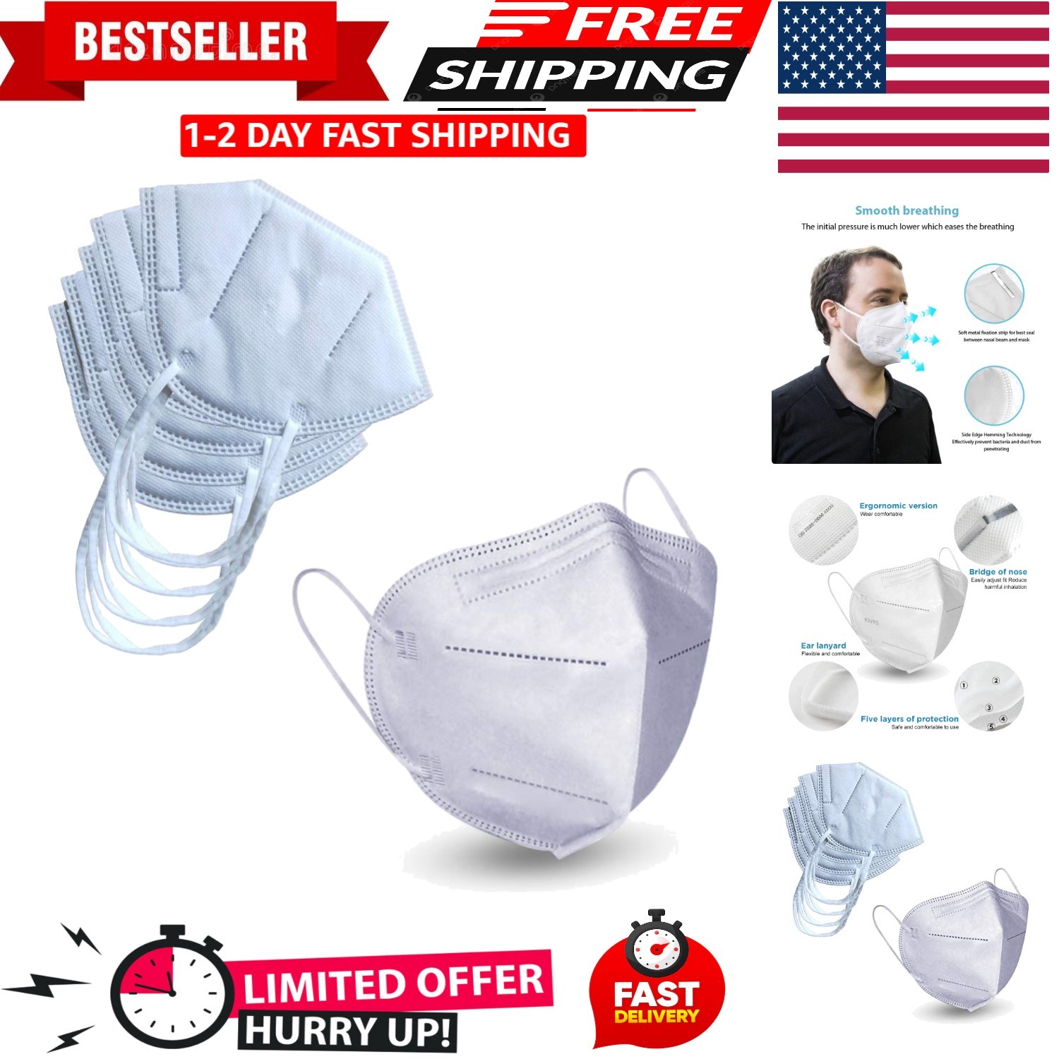 Comfortable KN95 5-Ply Face Masks, Individually Wrapped for Everyday Use, 5 Pack