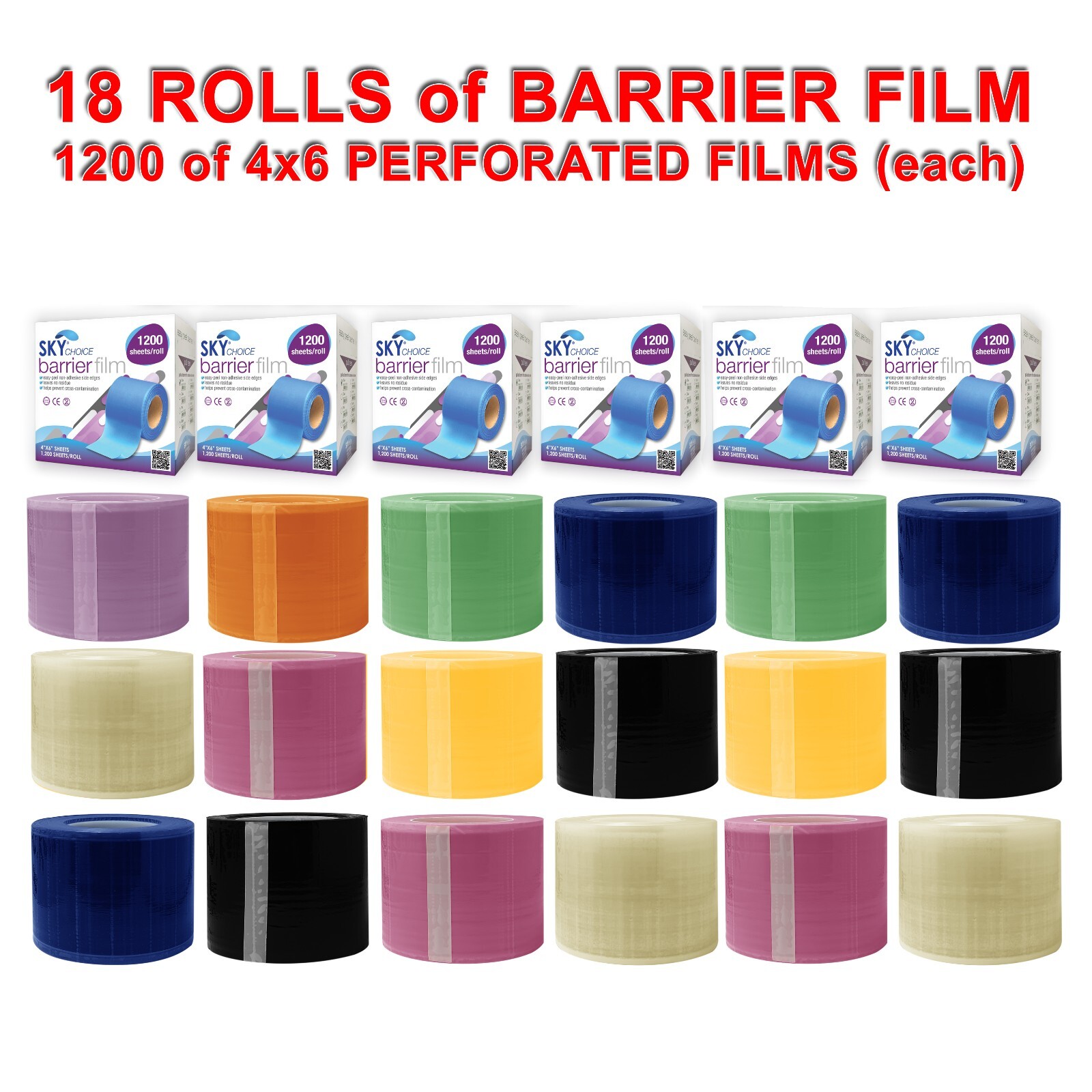 18 ROLL DENTAL BARRIER FILM 4X6 1200 PERFORATED PLASTIC BLUE CLEAR PINK BLACK