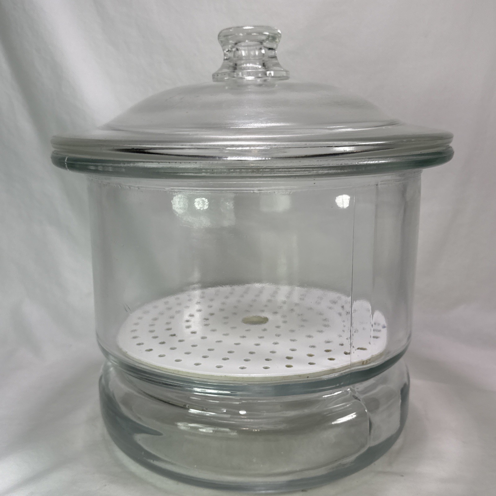 vintage Large glass desiccator jar greased rim coors porcelain plate 12”X 9” HTF