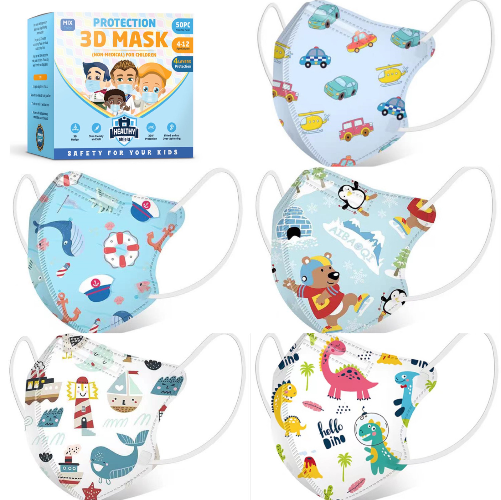 50Pcs Cartoon 3D Kids BFE 95% Protective 4 Layer Face Mask Disposable Respirator