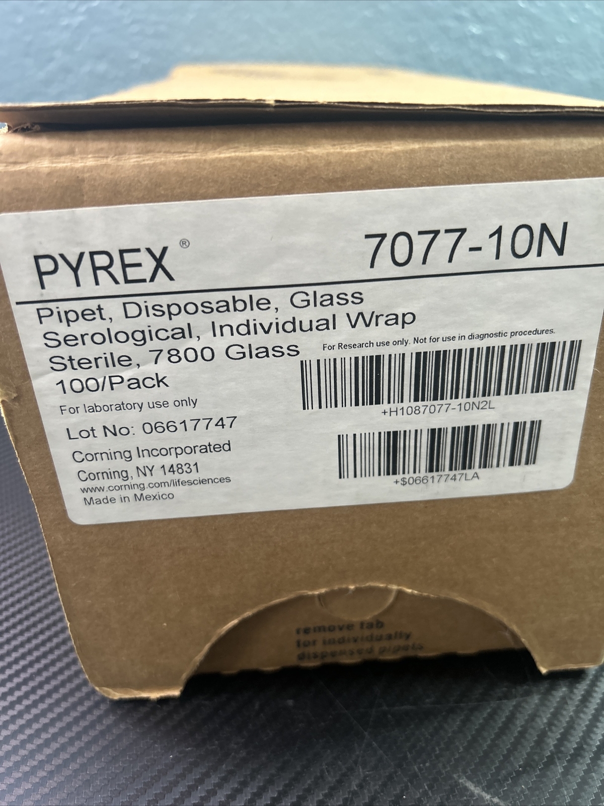 Box of 100 Corning Pyrex 7077-10N Pipets Serological 10 ml x 0.1 Glass Pipettes