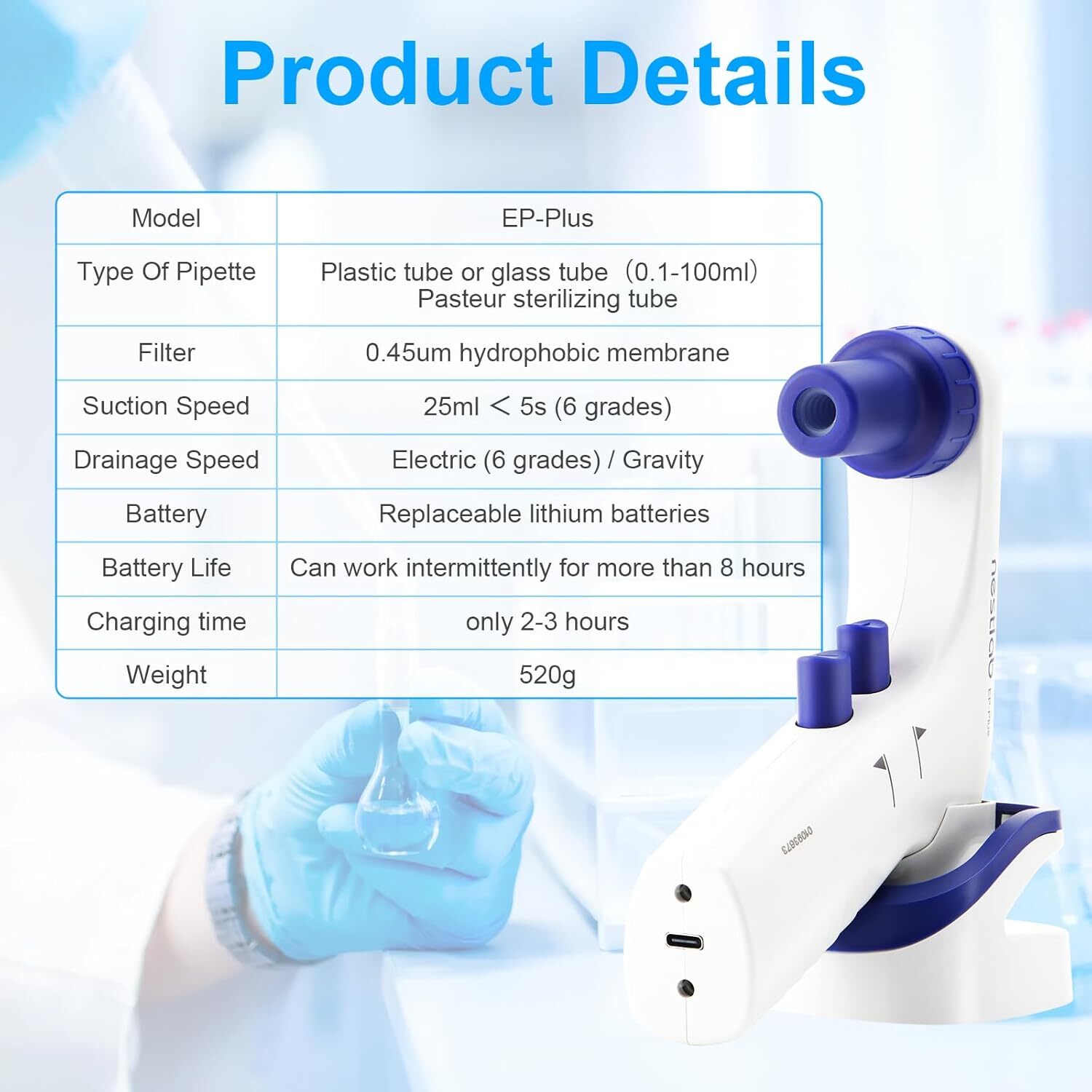 0.1-100ml Lab Electric Pipette Controller Digital LCD Adjustable Pump 100‑240V