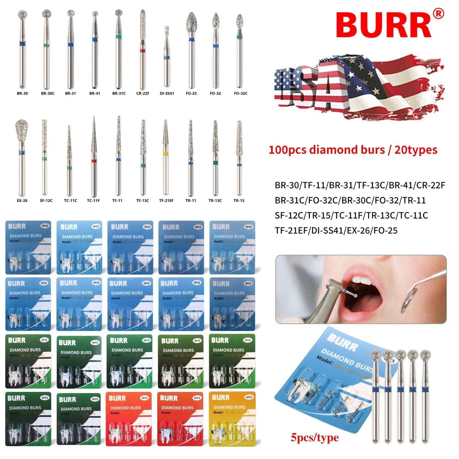 100pcs Dental Diamond Burs FG 1.6mm 20 Types for High Speed Handpiece Tubine