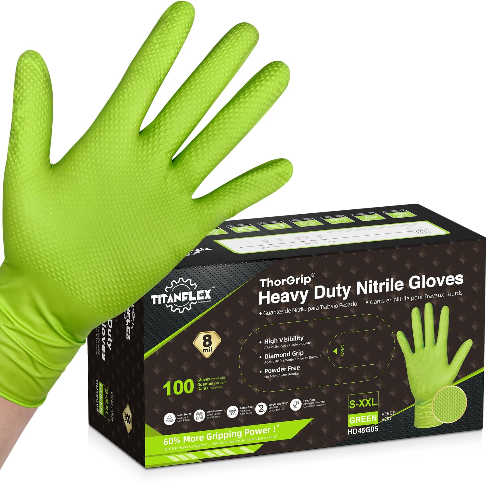Thor Grip Heavy Duty Green Industrial Nitrile Gloves With Raised Diamond Texture