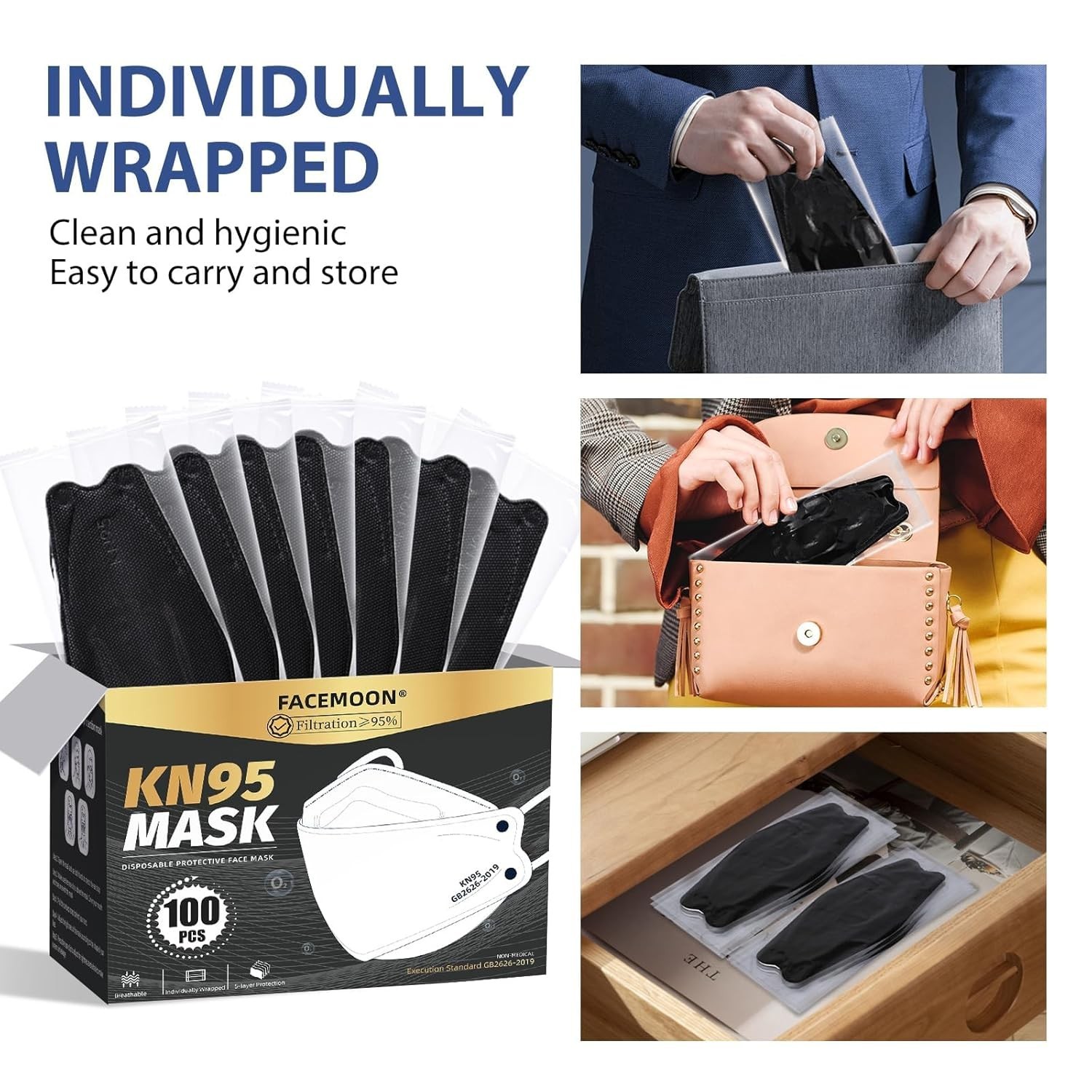 KN95 Face Mask Disposable Adults – 100 Pack 5 Layer Protection Adjustable KN95