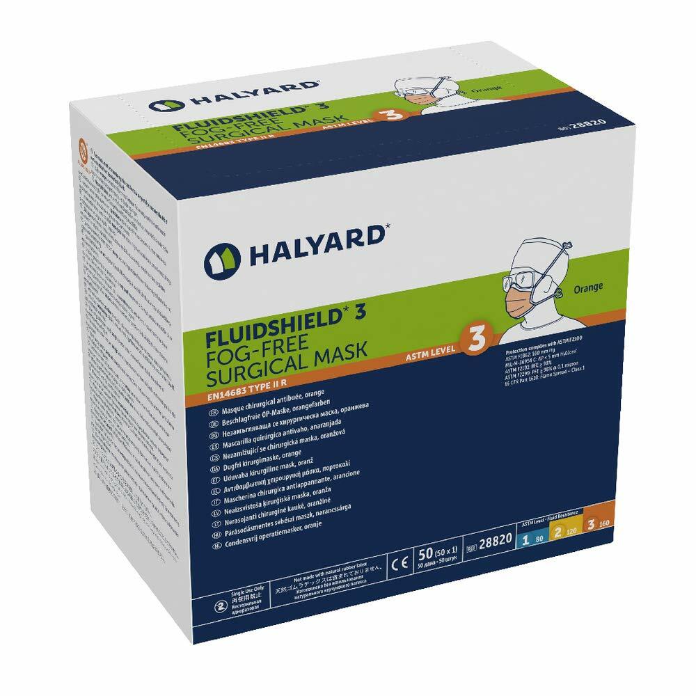 *50-Pieces* Halyard FluidShield ASTM Level 3 Fog-Free Surgical Face Mask 28820