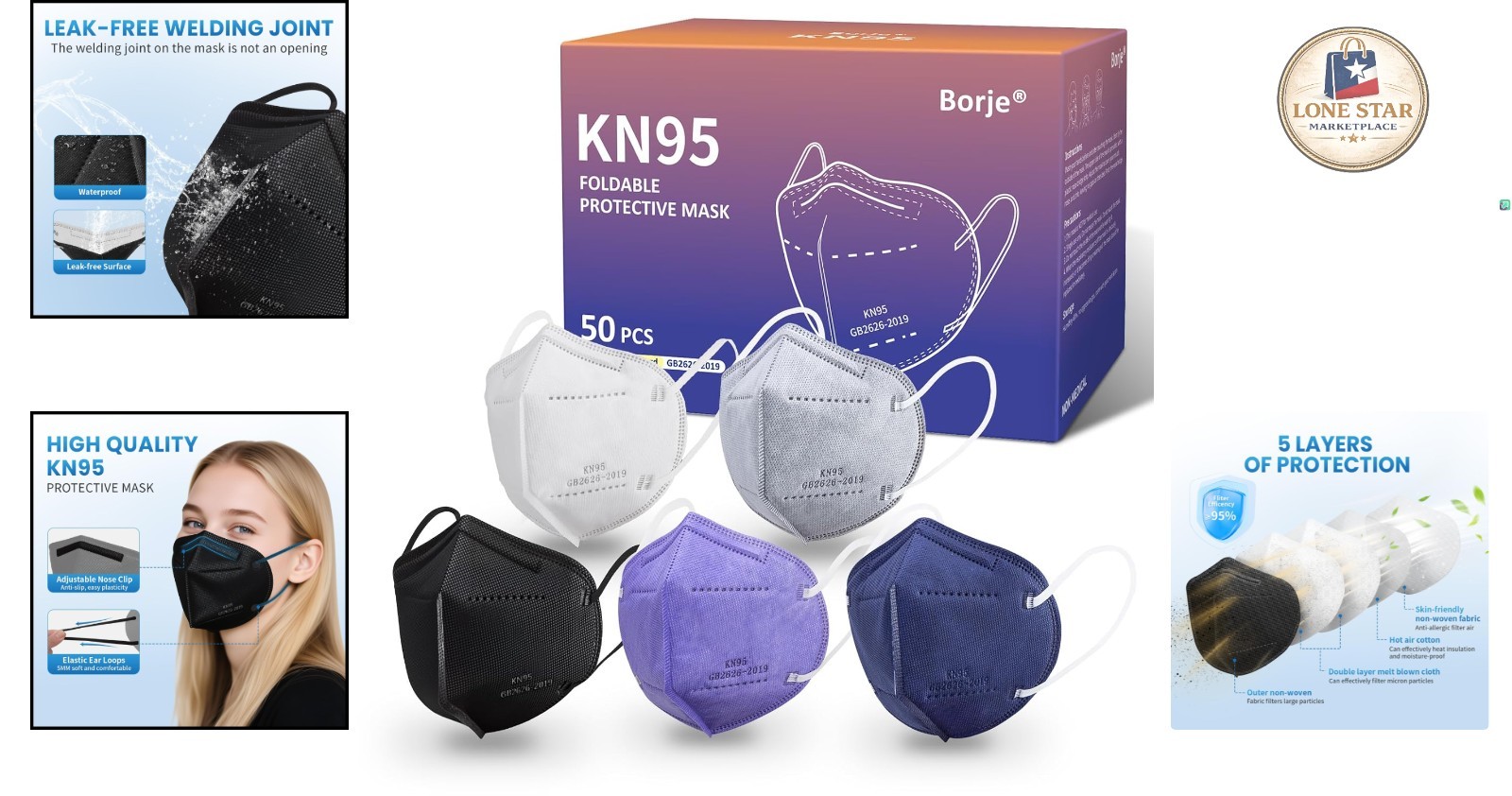Disposable KN95 Face Masks, 50 Pcs | Multicolor 3D Shape for Comfort & Safety