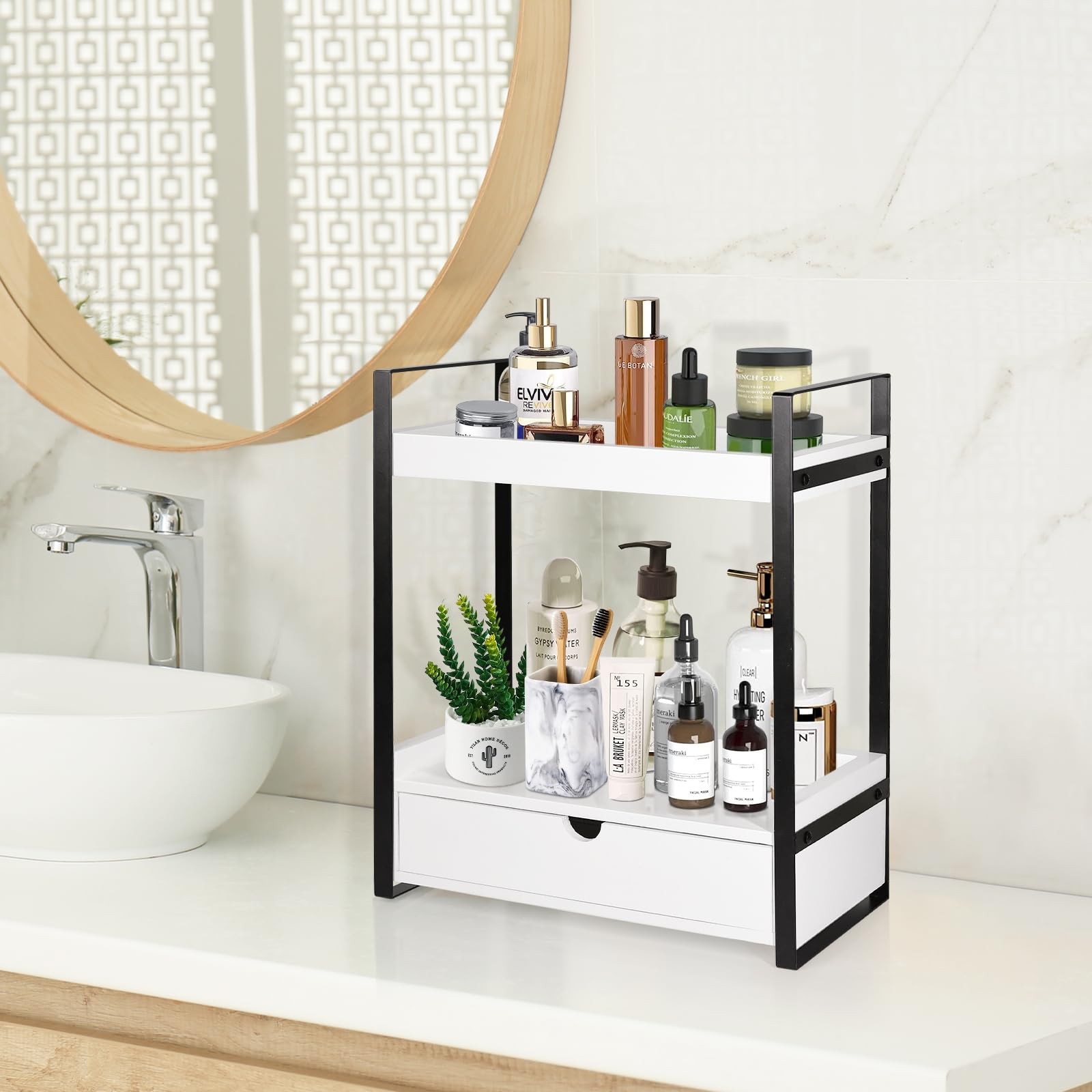 2-Tier Wooden Counter Shelf with Drawer, Vanity Organizer, Farmhouse Decor