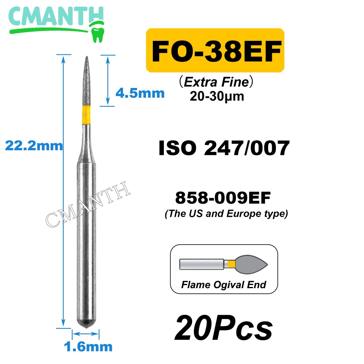 US Fine Dental Burs Diamond Burs High Speed Turbines Drills Tools 1.6mm 20pcs