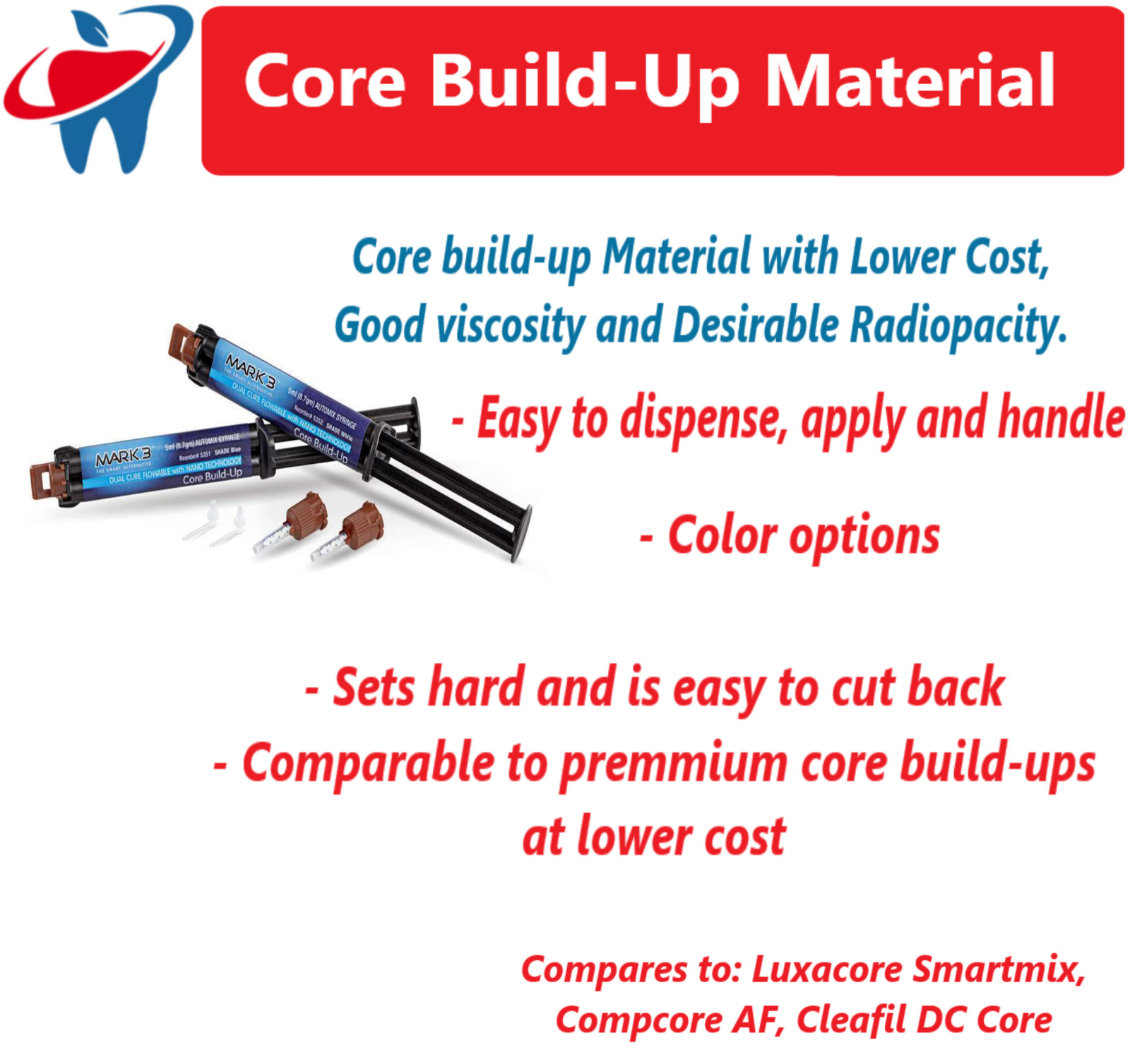 Dental Core Build-Up Material Dual Cure Automix Syr 1-2/pk Shade: A3, White Blue