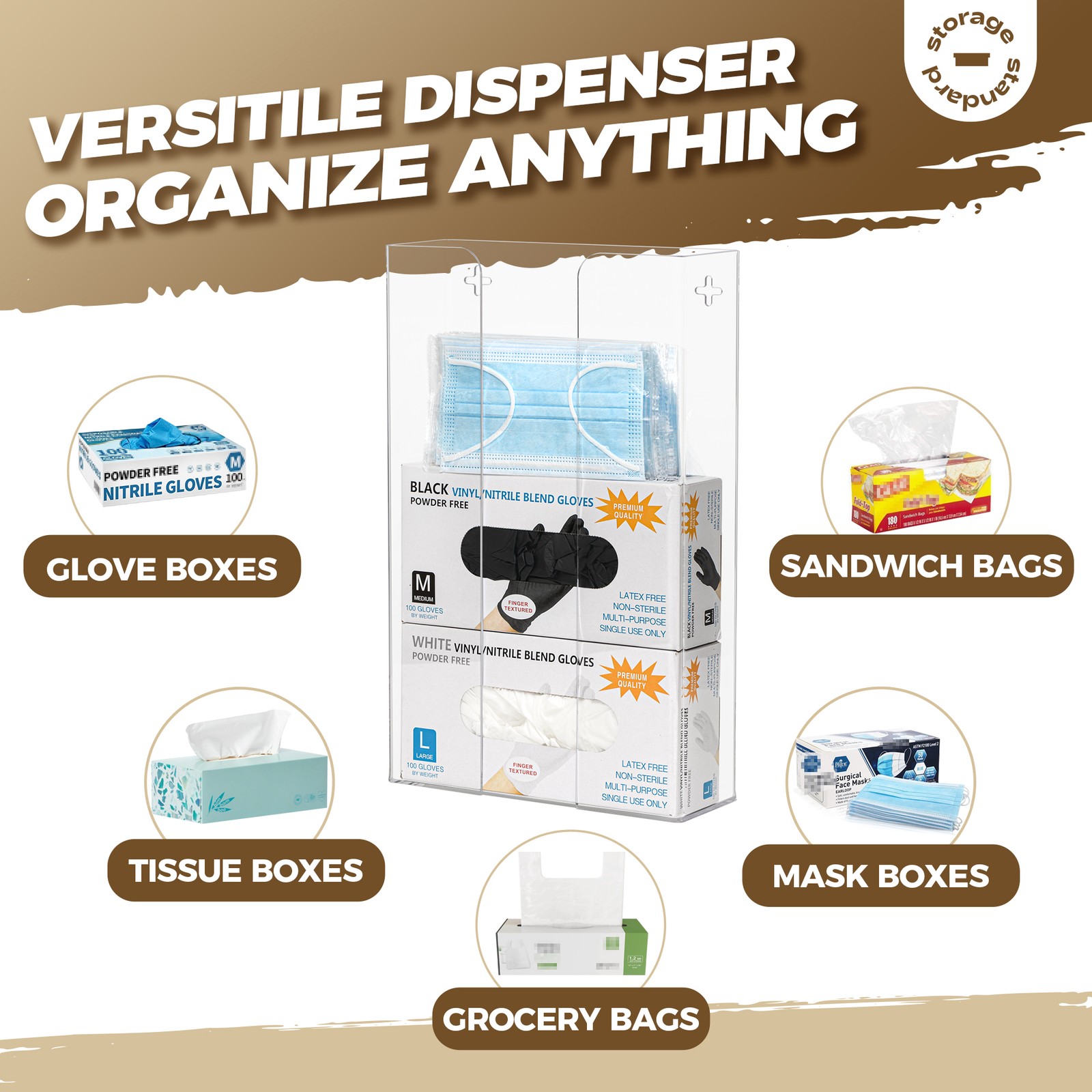 Triple Glove Box Holder Dispenser – Wall Mount or Countertop Load Open Top Clear