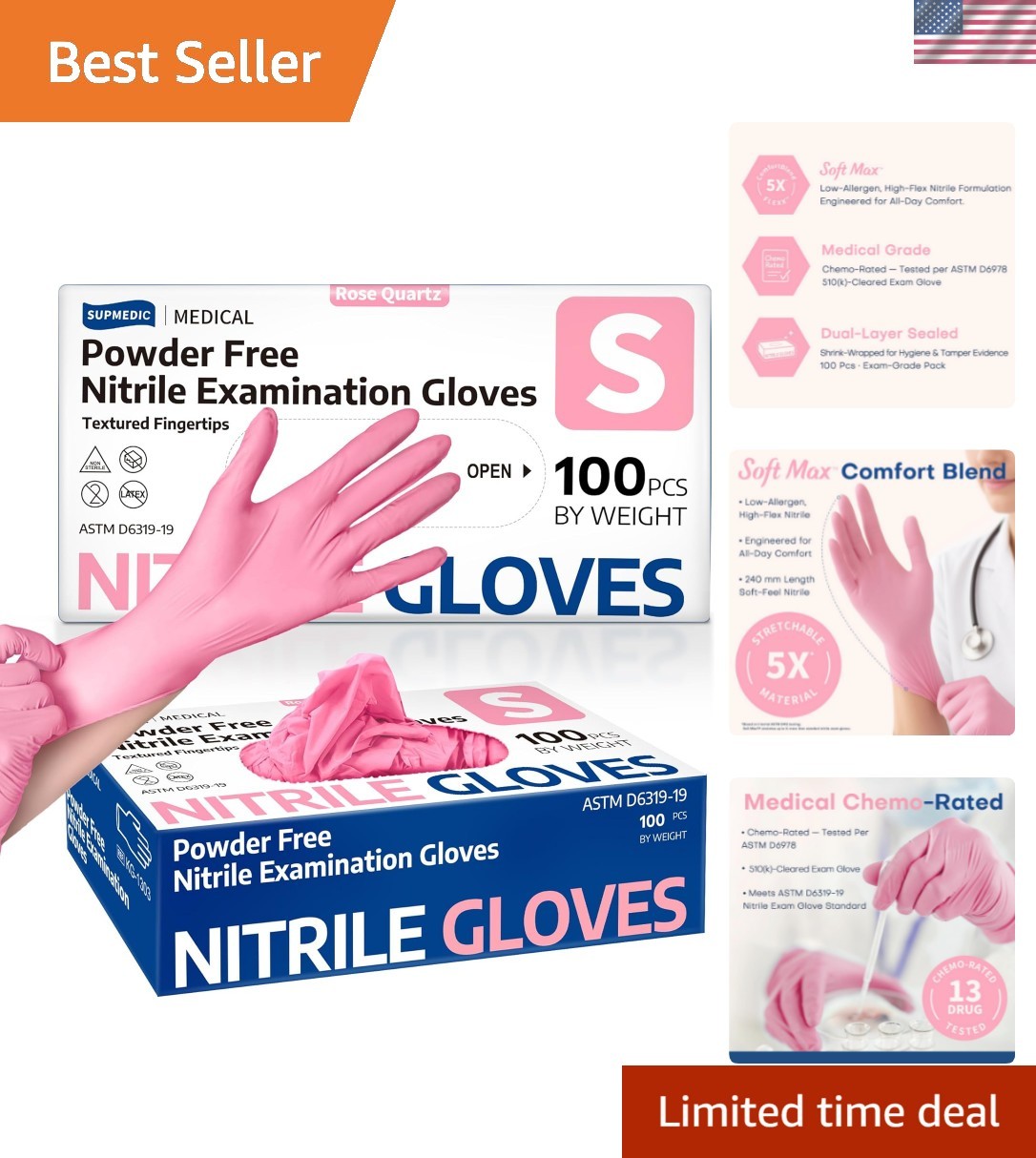 Medical Nitrile Exam Gloves, 3.5 mil Powder-Free Food-Safe Disposable Glove f…