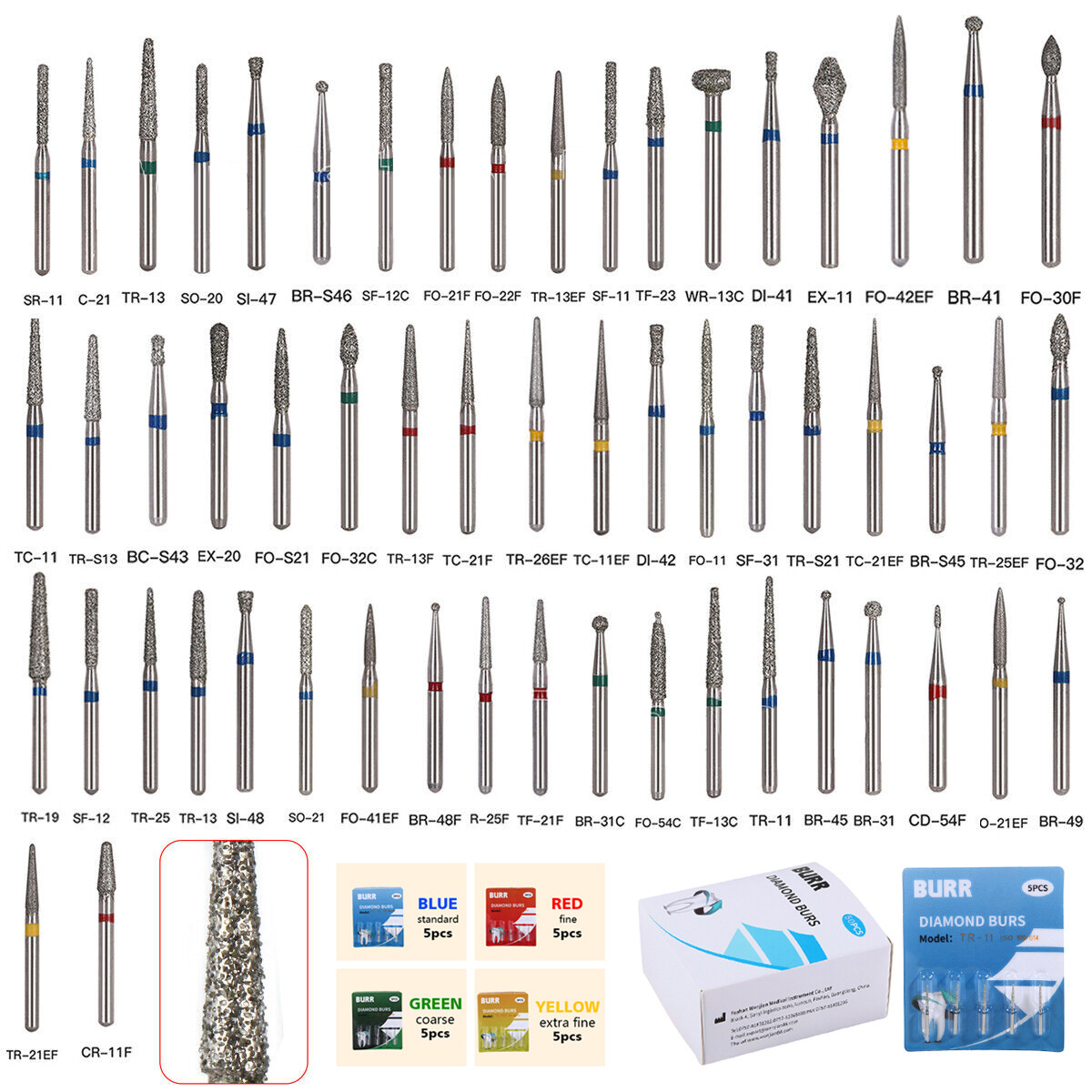 50pcs Dental Diamond Burs Ball Round FG 1.6mm 100 Types for High Speed Handpiece