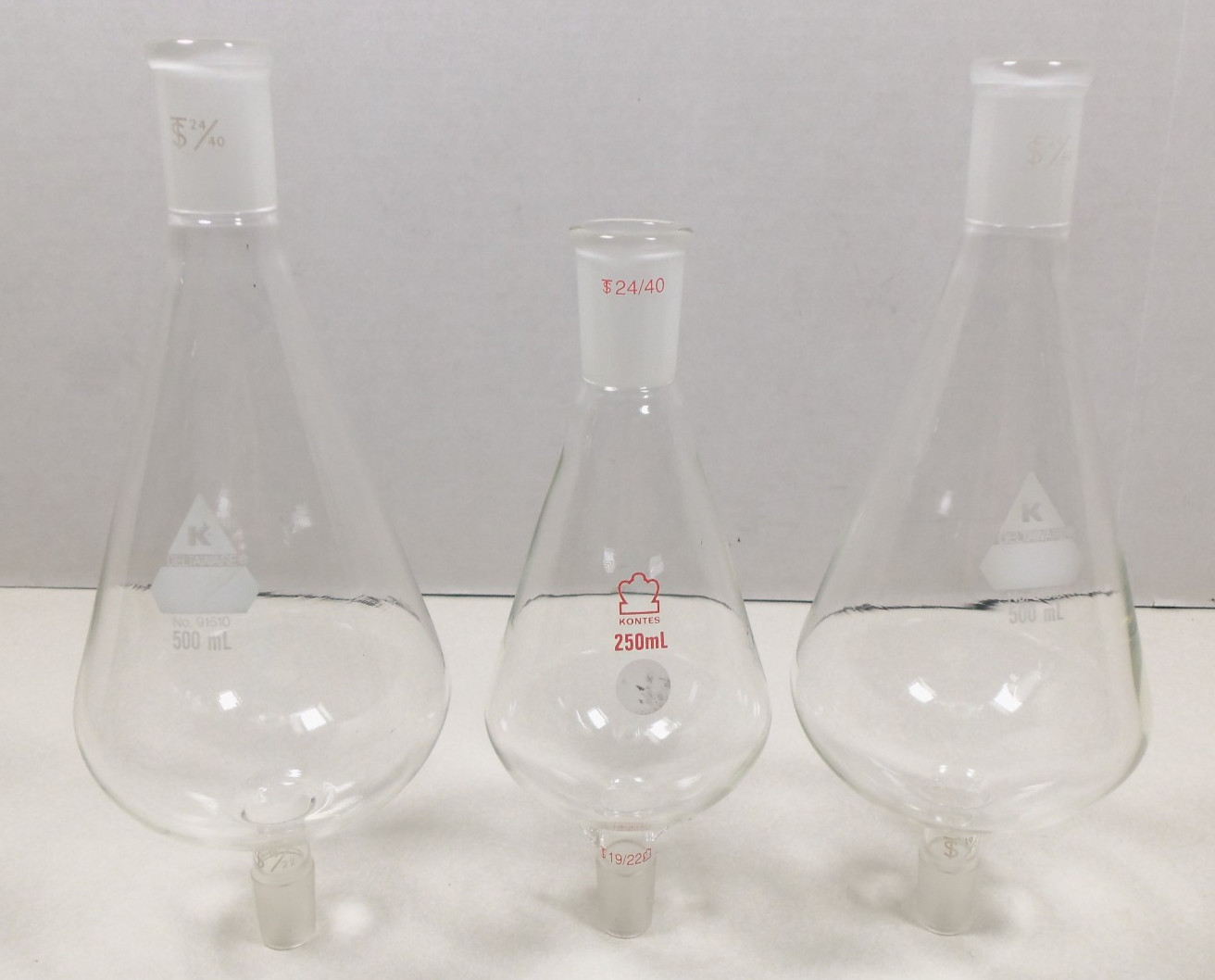 Lot of 3 Kuderna Danish Evaporator Concentrator Flasks 250ml & 500mL Lab Glass