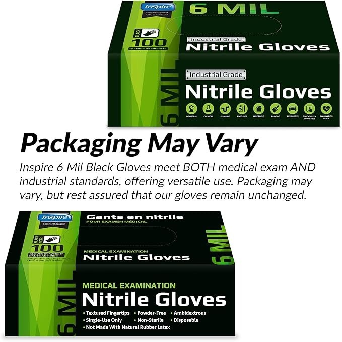 Inspire Black Nitrile Gloves HEAVY DUTY 6 Mil Nitrile Chemical Resistant Medical
