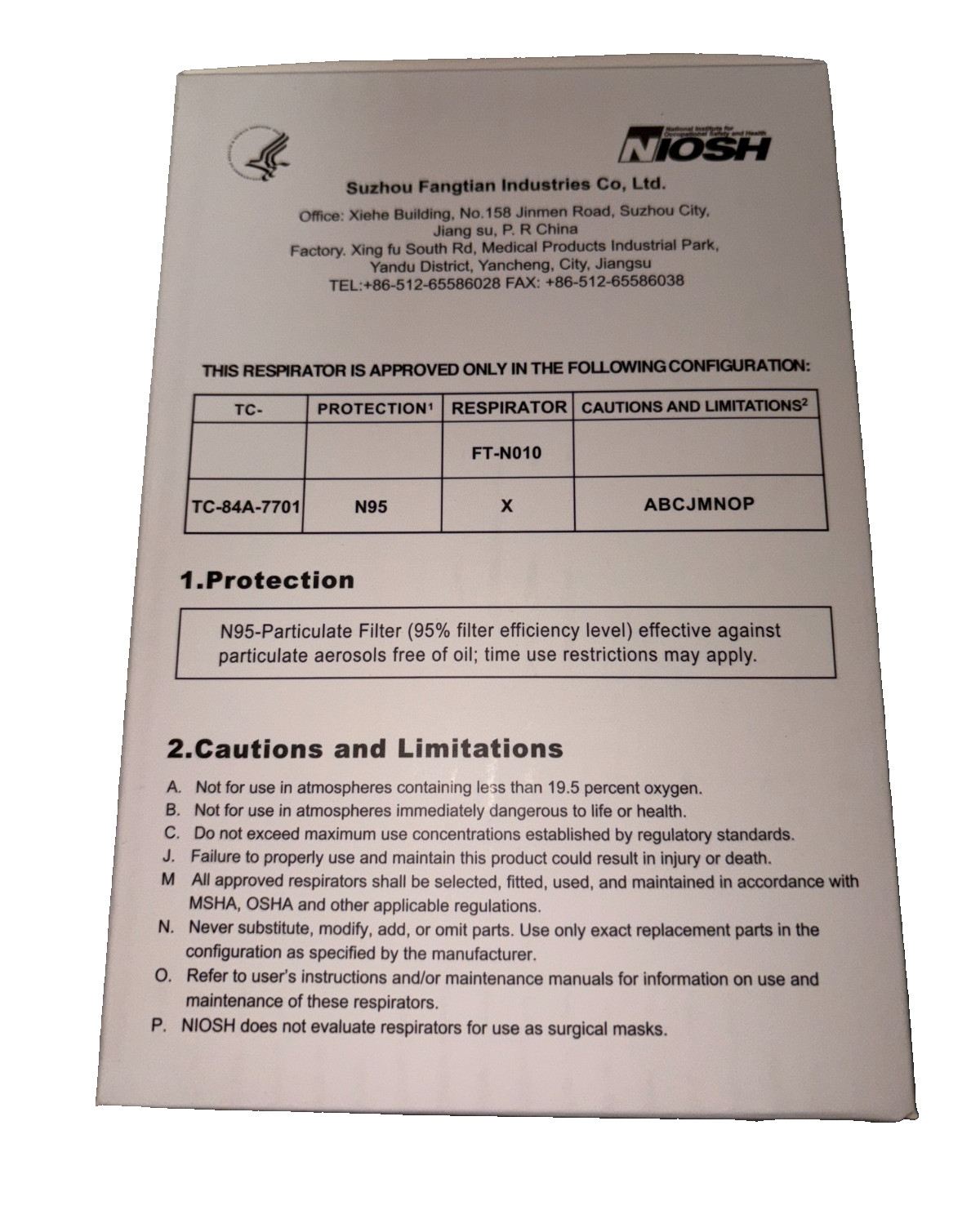FLTR N95 Niosh 20-Pack Particulate Respirator Face Masks Facemasks