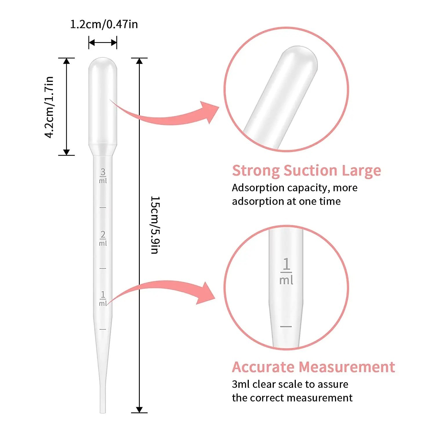 100pcs Disposable Plastic Pipettes: 1/2/3/5ml Graduated Transfer Droppers – NEW