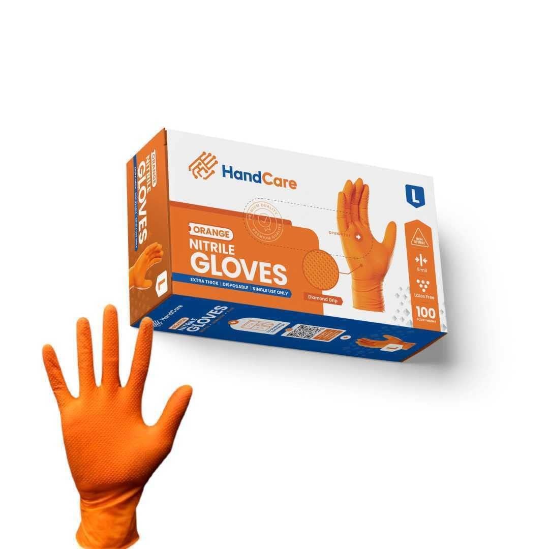 HandCare Orange 8 Mil Nitrile Disposable Gloves, Latex-Free, Diamond Textured…