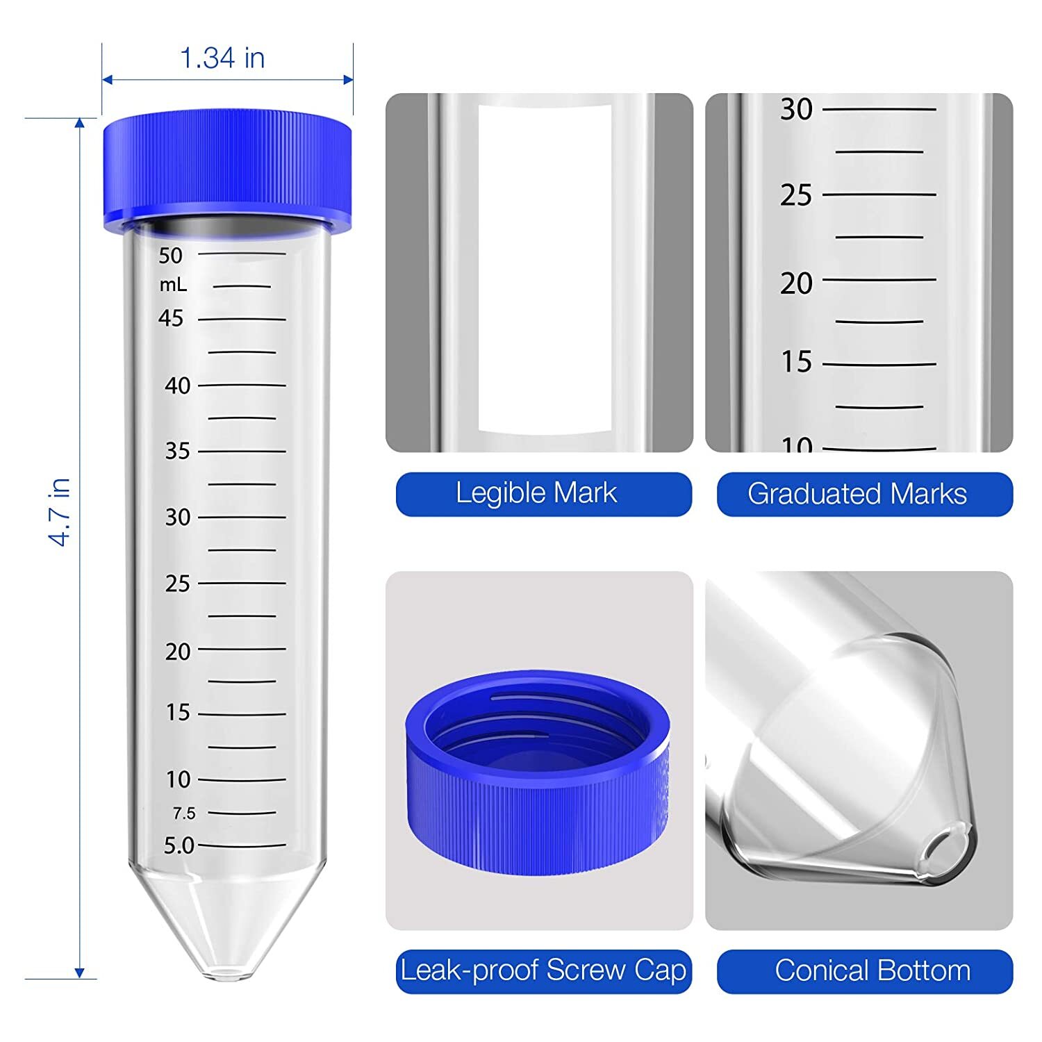 Leak-Proof Caps,Sterile 15mL/50mL Conical Centrifuge Tube,Clear Graduations Tube