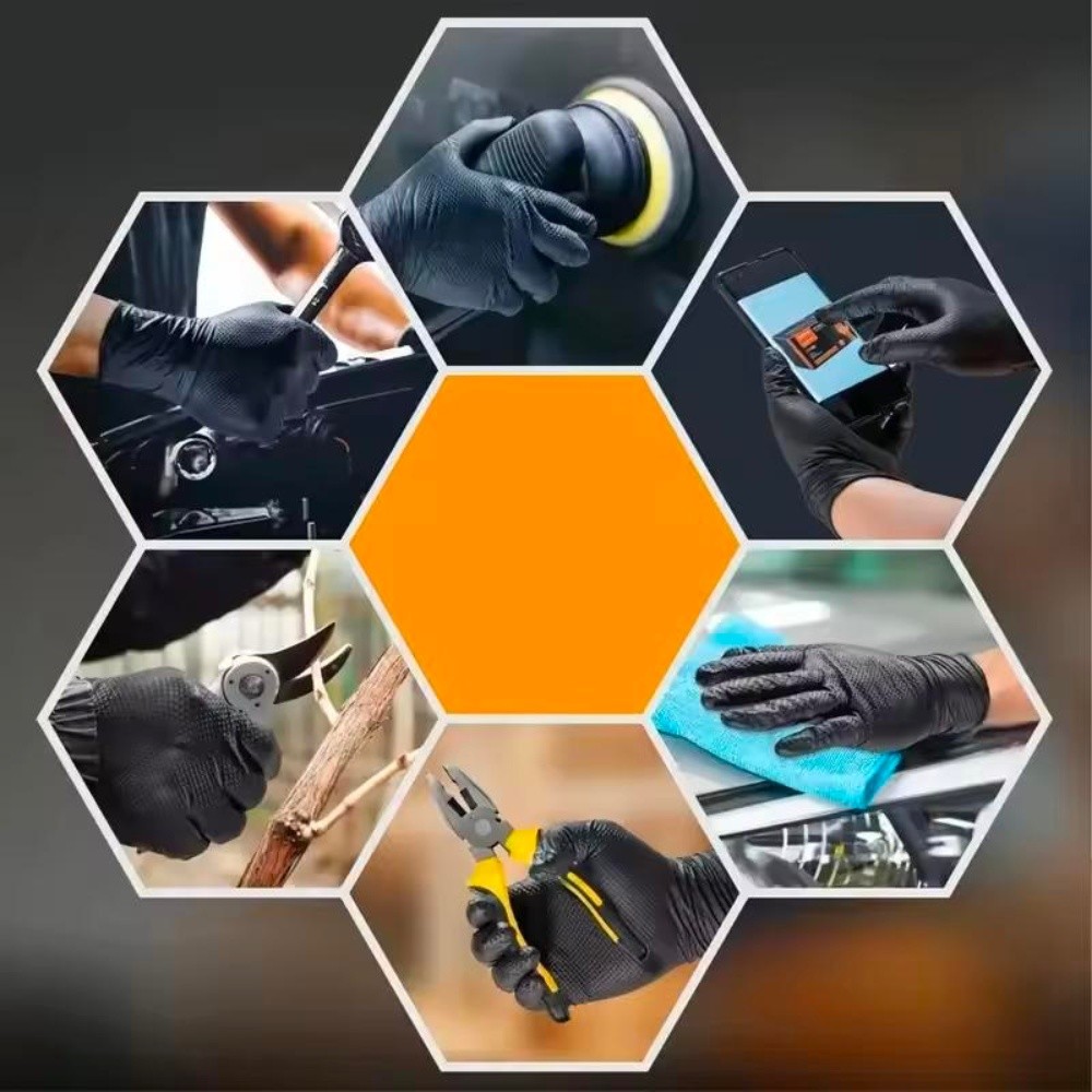 Multifunctional Nitrile Disposable Gloves 8 Mil Raised Diamond Texture BLACK