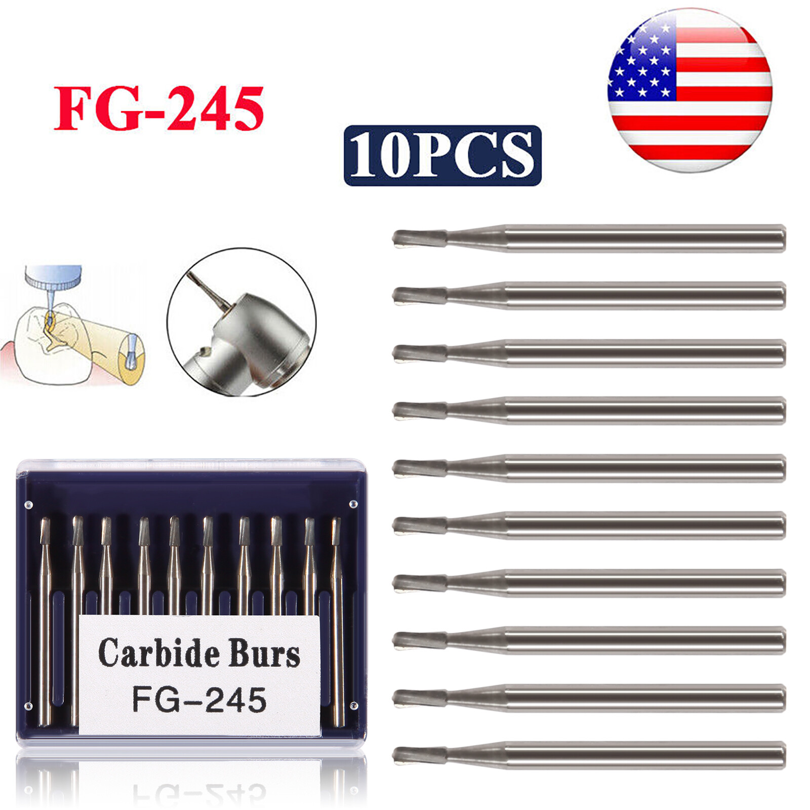 Dental FG-245 Clinic Carbide Burs Bits High Speed Cutting Drill Pear Head 10Pc