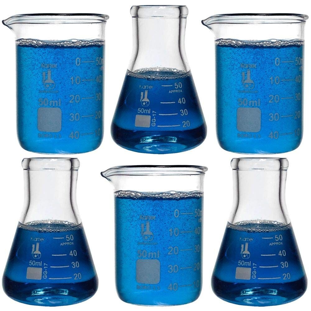 Laboratory Shot Glass Set, 6 Pieces, 50ml Beakers and 50ml Flasks, Boro Glass