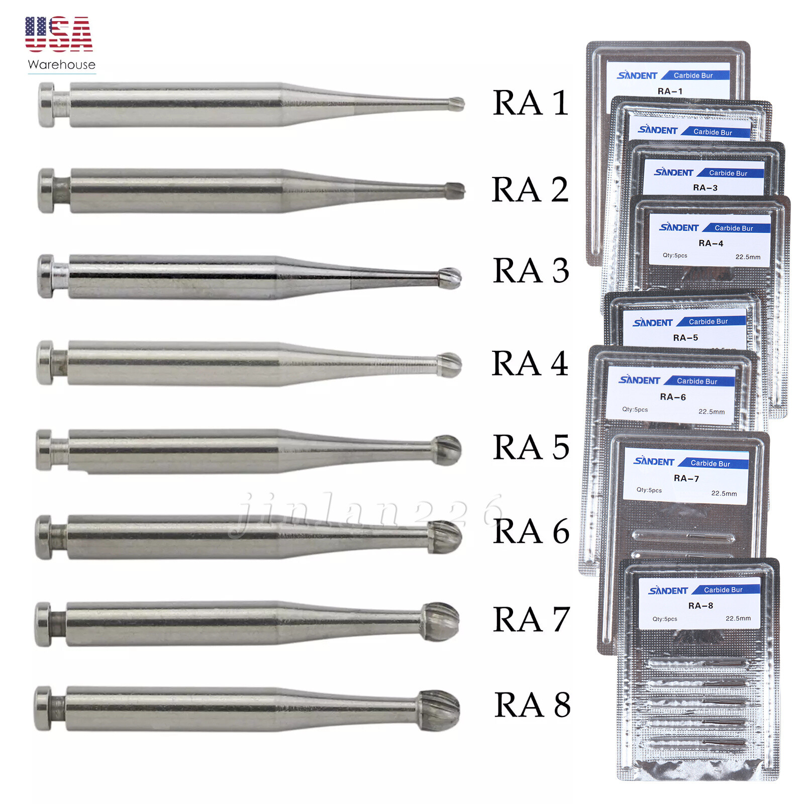 5-100 8 Types Dental Round Carbide Bur for Slow Speed Latch Type RA 1# – 8# Burs