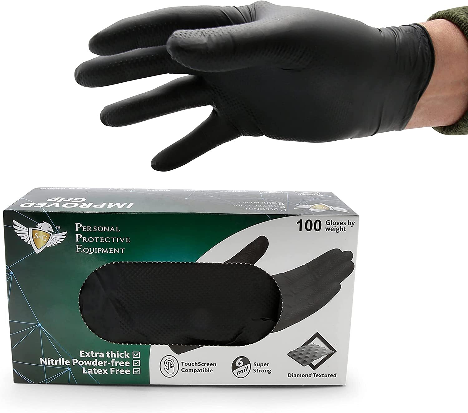 S&G Heavy Duty Black Nitrile Disposable Gloves Powder Latex Free 6 Mil M L XL