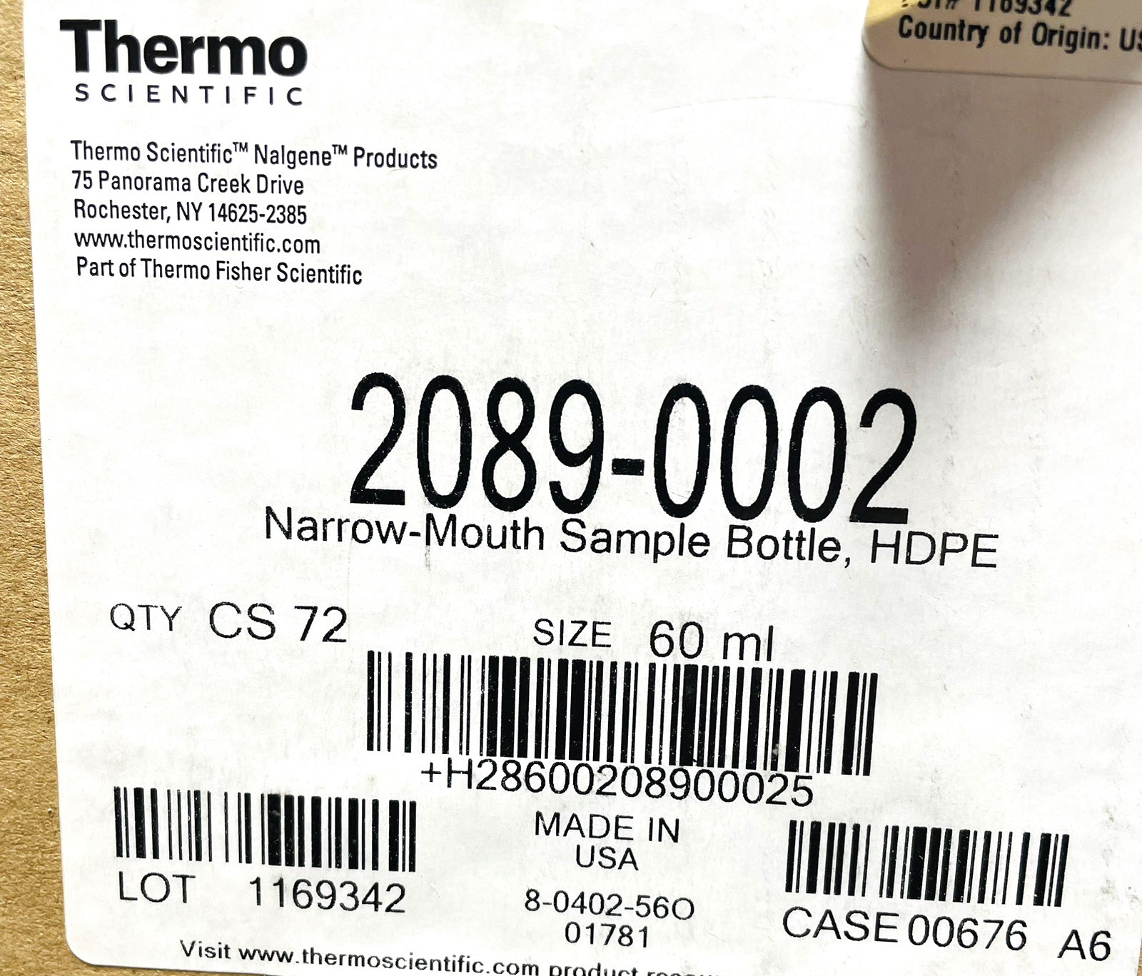 Thermo Scientific Nalgene 2089-0002 HDPE Sample Bottles 60ml 2oz Case of 72