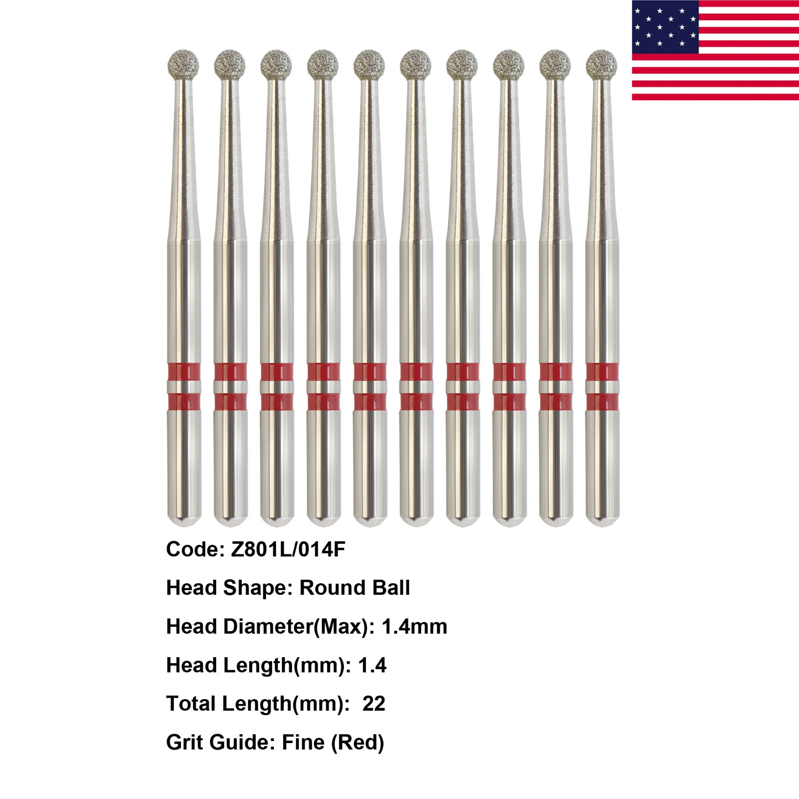 Dental Zirconia Diamond Bur Prep Burr Long Neck Round FG Z801L/014F Fine Grit