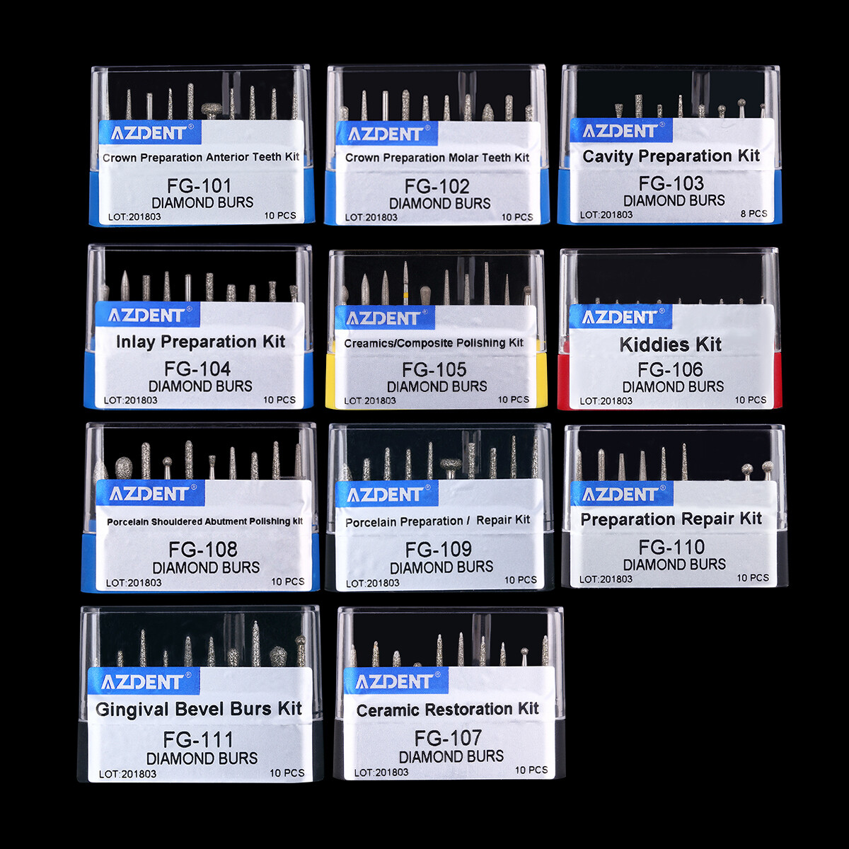 10PCS/Kit Dental Diamond Burs Kit FG101-FG117 fit Handpiece AZDENT