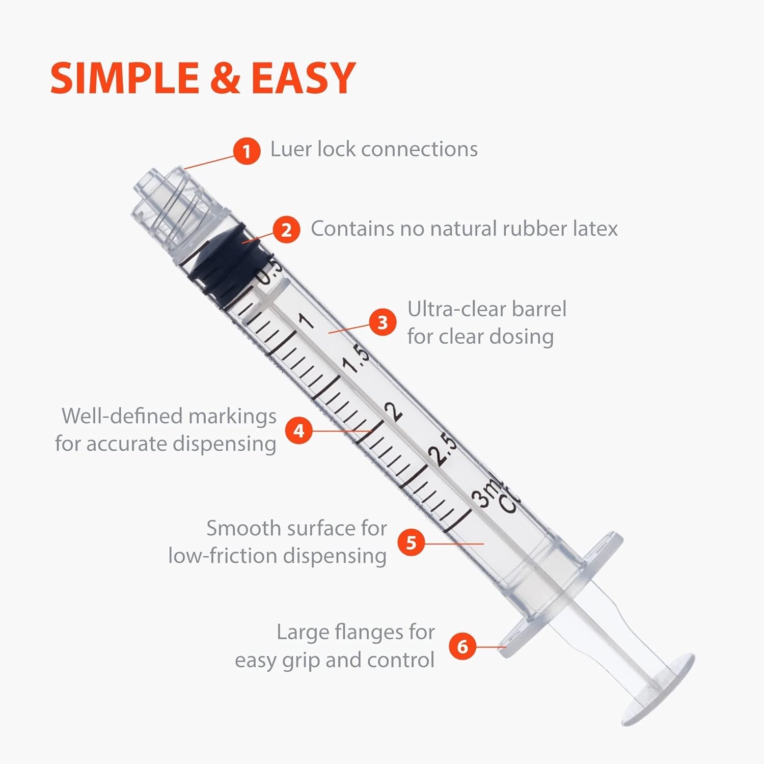 Easy Touch Luer-Lock Syringe Barrel, 3ML Syringe, Pack of 100 3 cc/ml, Orange
