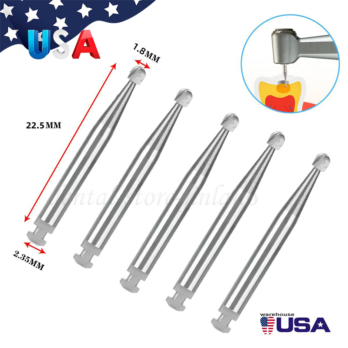5 Pcs/Pack Dental 22.5mm Round Carbide Bur Slow Speed Latch Type RA4 Burs USA