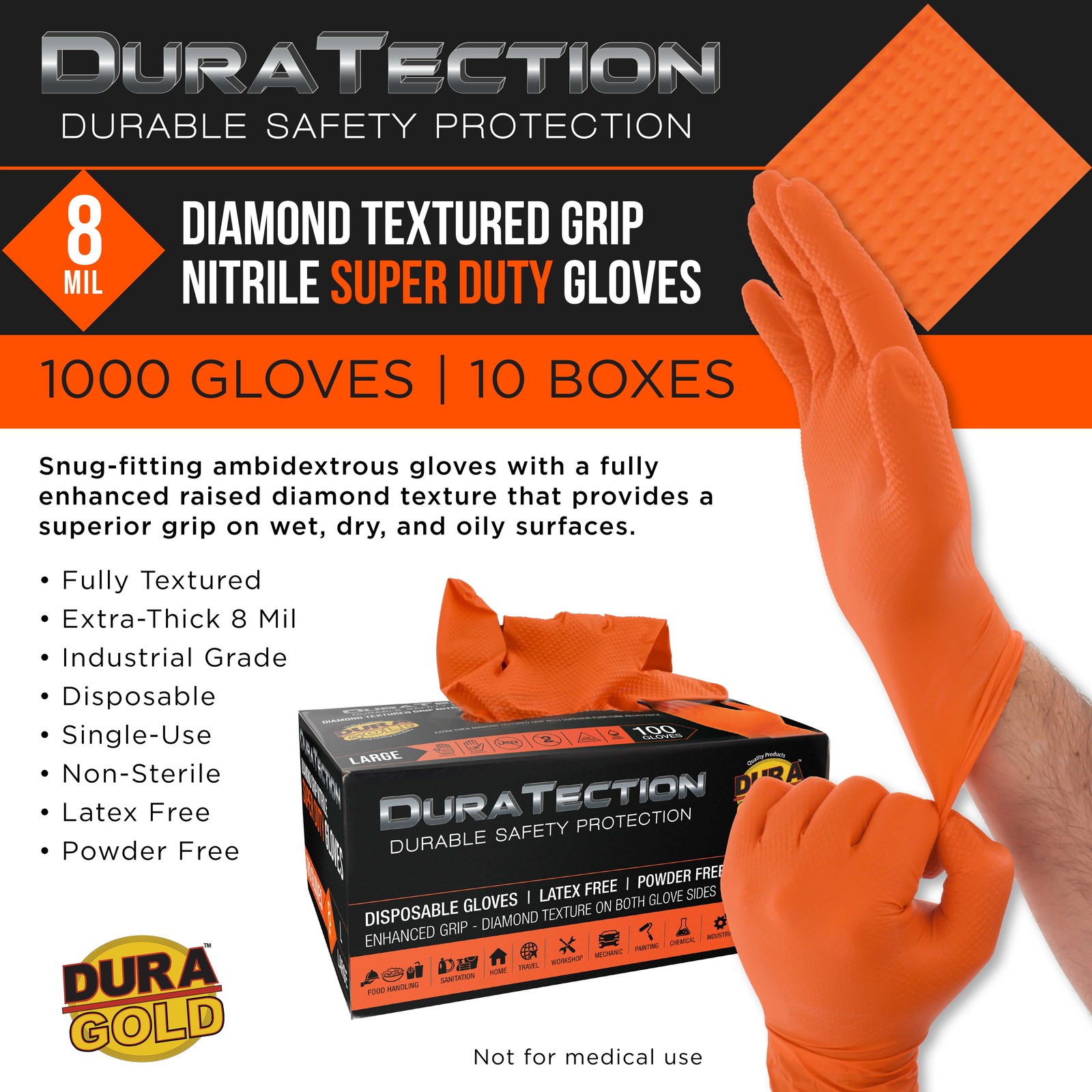 Duratection 8 Mil Super Duty Diamond Textured Nitrile Gloves, 1000 Gloves, Large