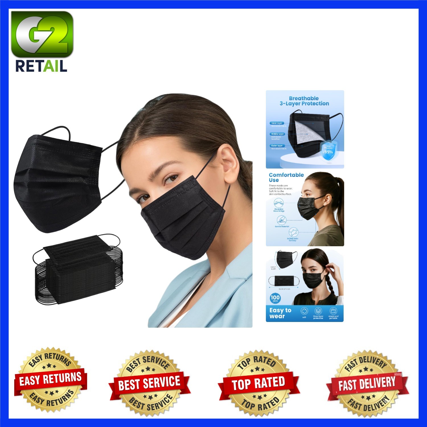 Breathable 3-Ply Black Disposable Masks – 100 Count for Everyday Protection