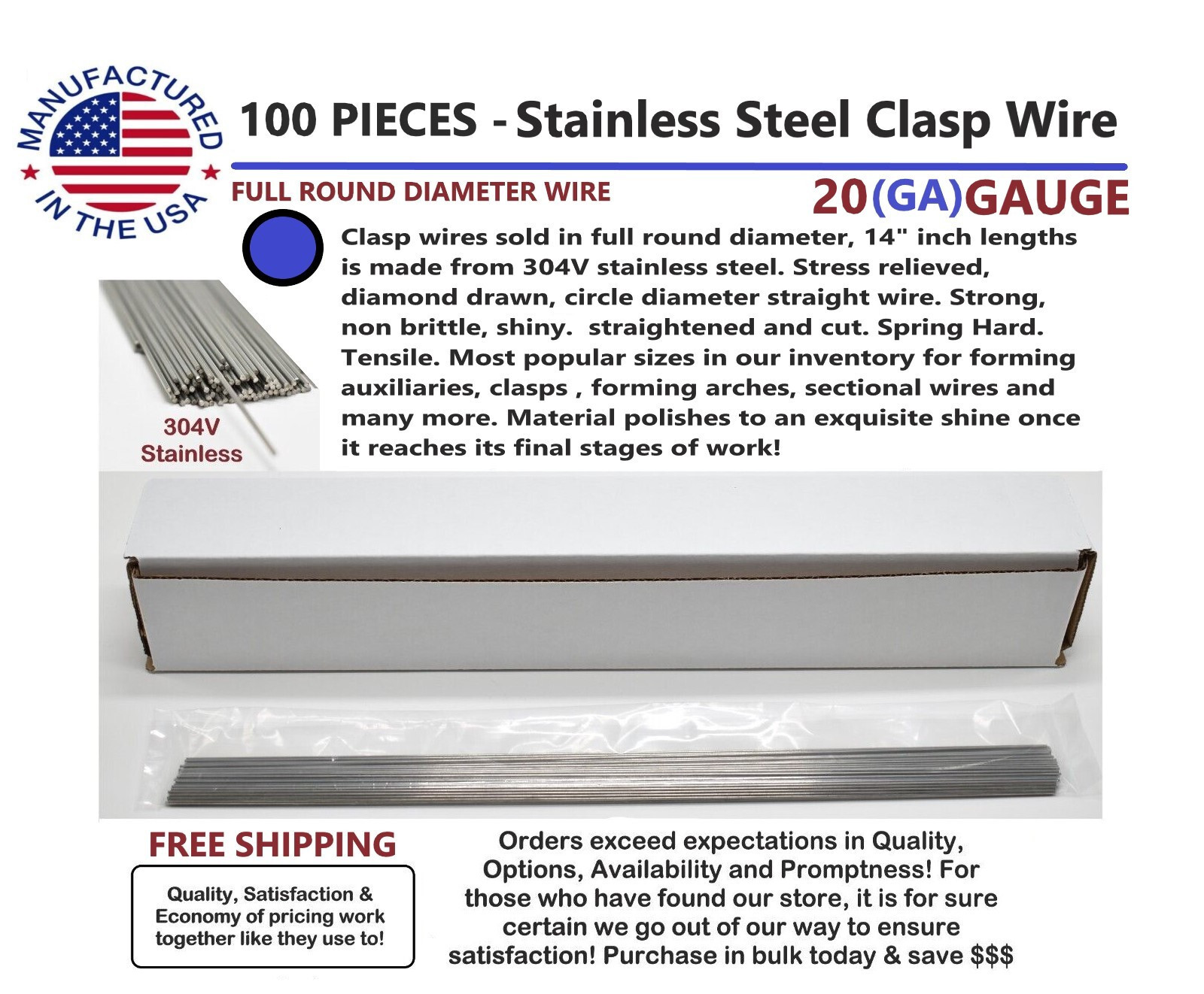 14 inch FULL ROUND Dental Stainless Steel Clasp Wire – 20 (GA) Gauge -100 Pieces