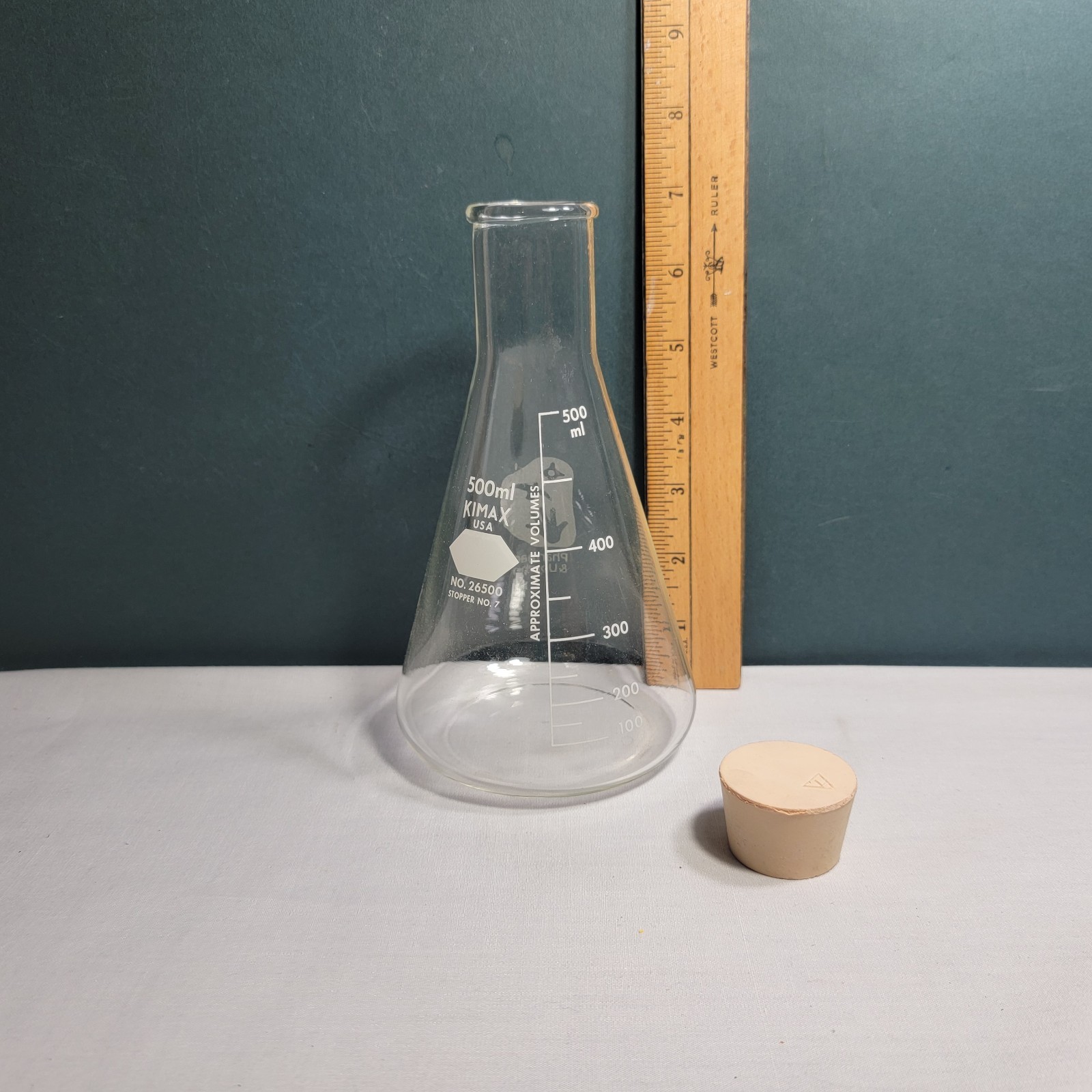 Lab Glassware KIMAX Conical Flask 500mL Graduated Pharmacia & UpJohn Stoppered