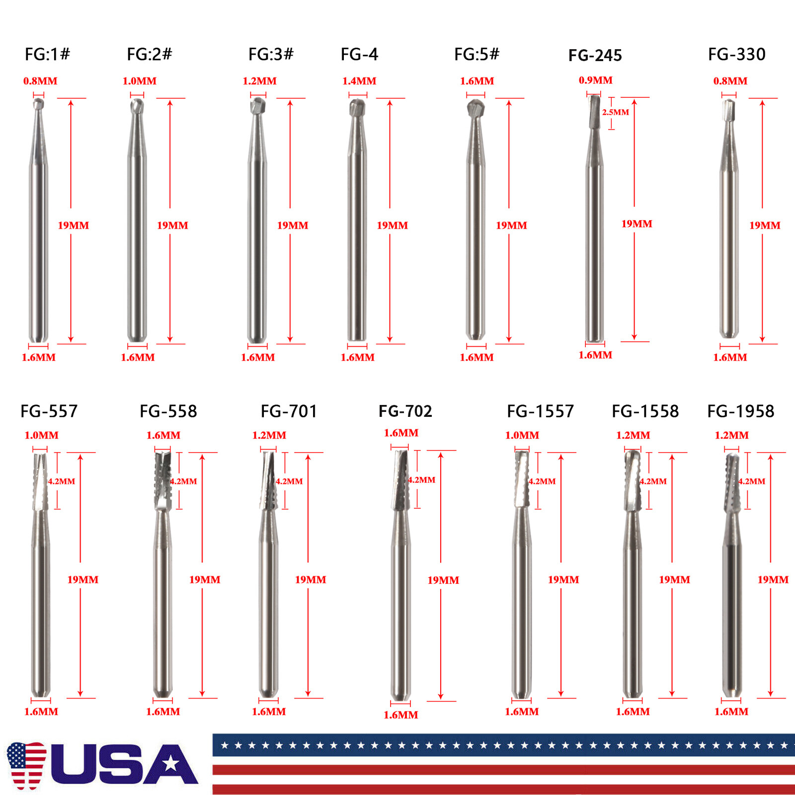 Carbide Burs FG Friction Grip CROSS CUT FISSURE ROUND END Pkg/10