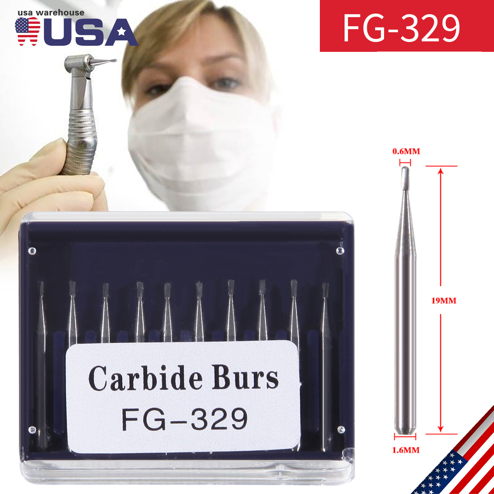 10pcs USA Dental Tungsten Carbide Cutting Burs Pear Shape FG-329 st