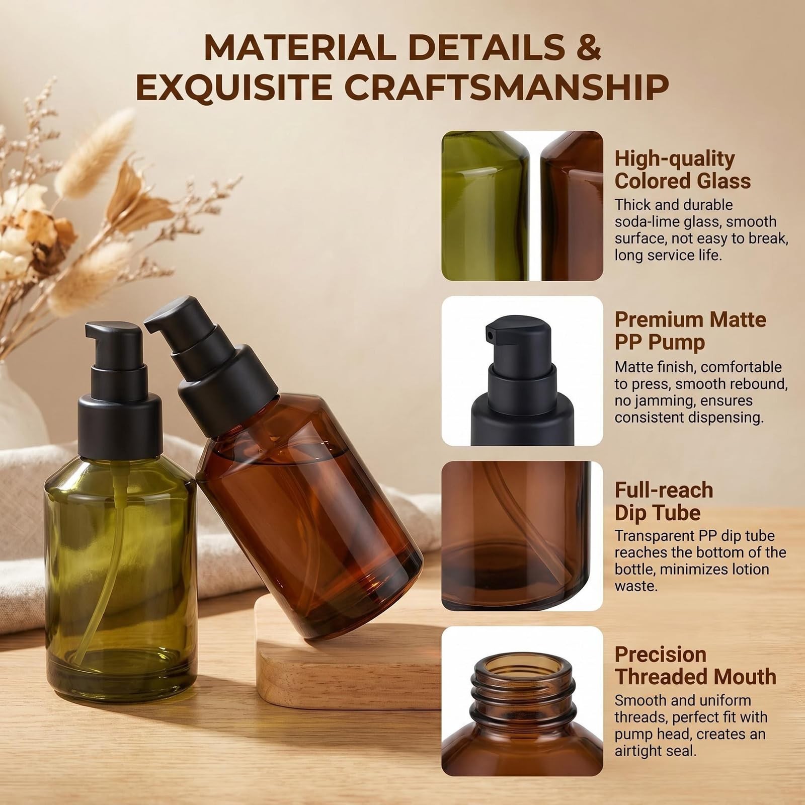 2Pcs 60ml/2oz Empty Refillable Glass Lotion Pump Bottle 60ml/2oz, Amber+Green