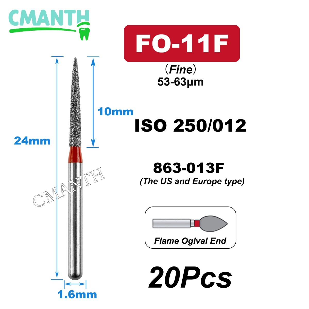 US Dental Burs FG High Speed Diamond Burs Dental Lab Polishing Tools 1.6mm 20pcs