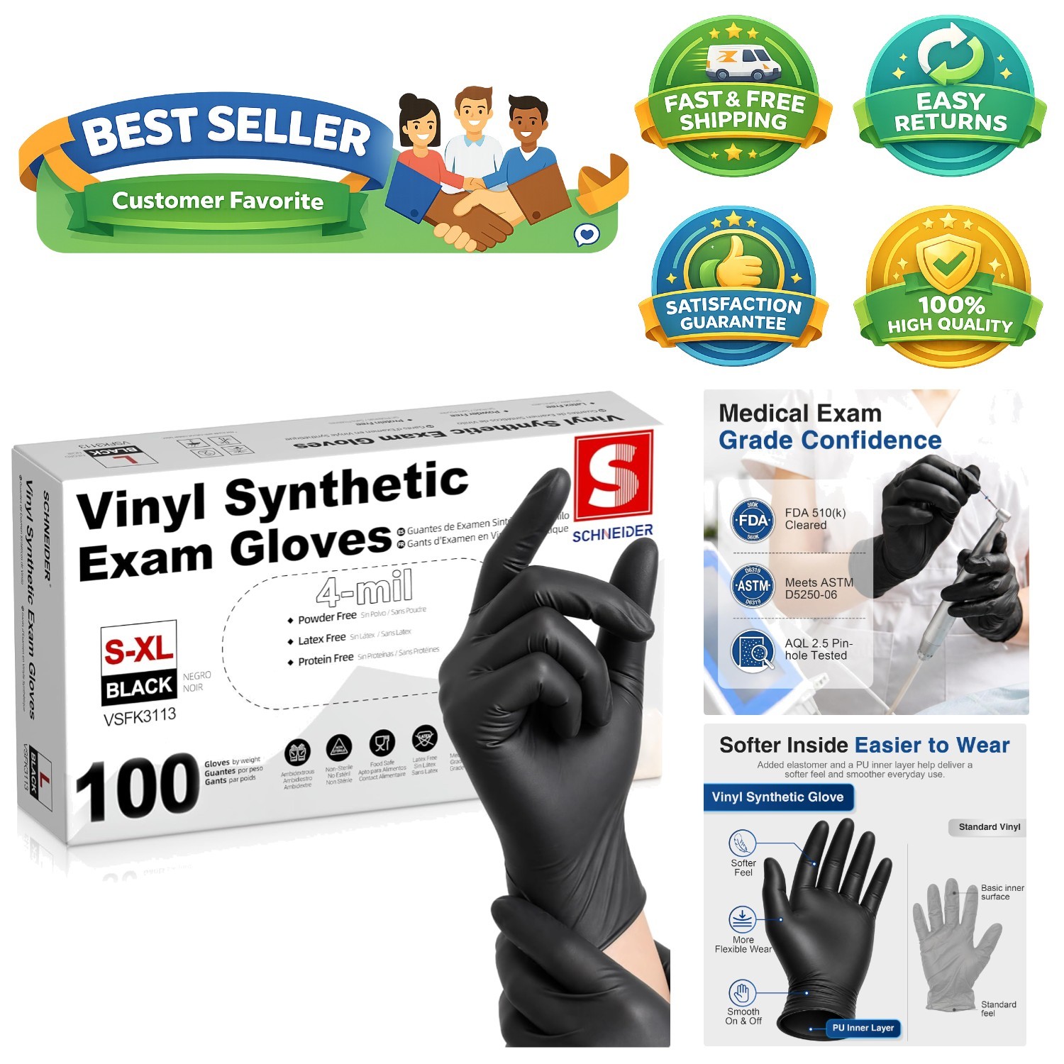 4 Mil Black Vinyl Exam Gloves, Large Disposable Pack of 100 – Latex-Free