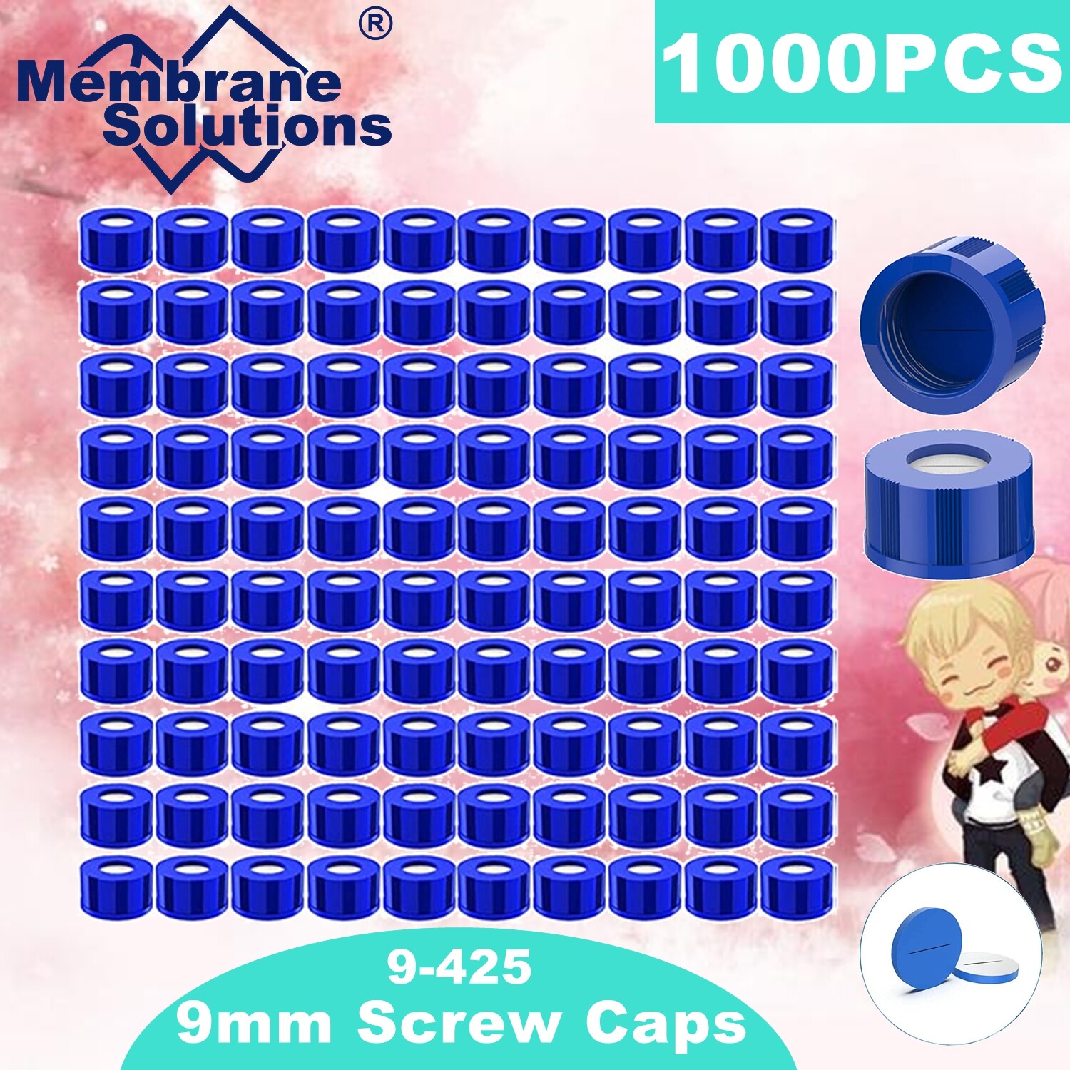 1000pcs 9-425 Screw Top Vial Caps 9mm PTFE/Silicone Septa for Autosampler HPLC