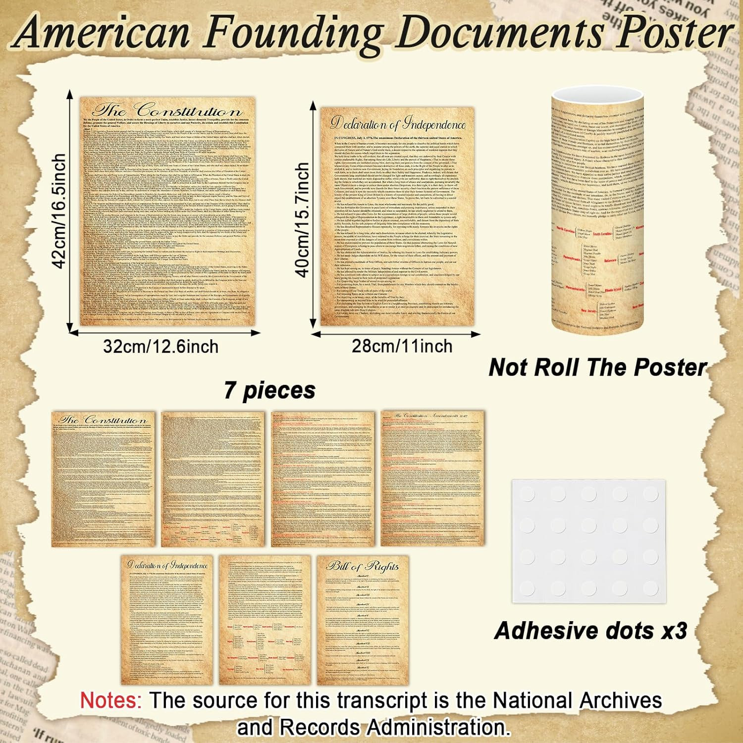 7-Piece Vintage American Founding Documents Poster Set for Home or Classroom