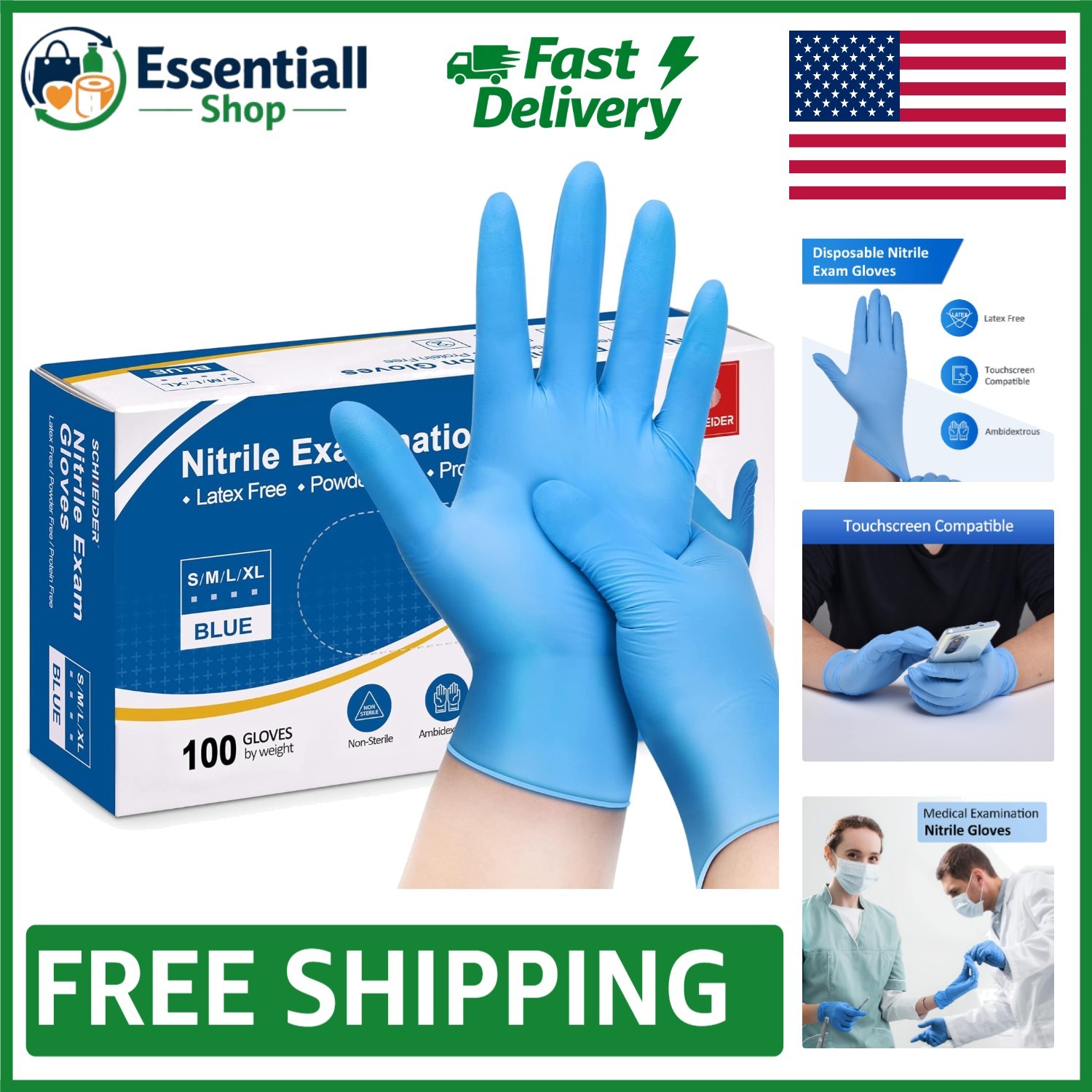 Blue Nitrile Exam Gloves – 9.5″ Long, 4 mil, Ambidextrous, Latex & Powder Free